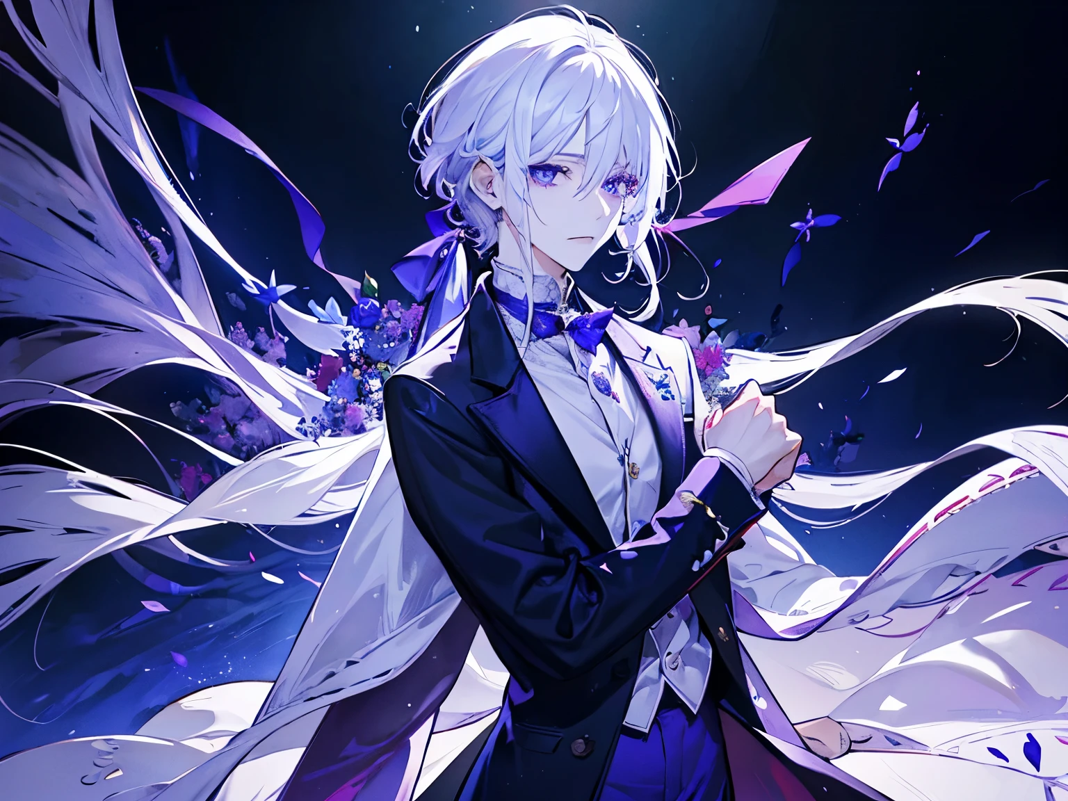 1 male, white hair, purple formal suit, one is red eye、blue eyes