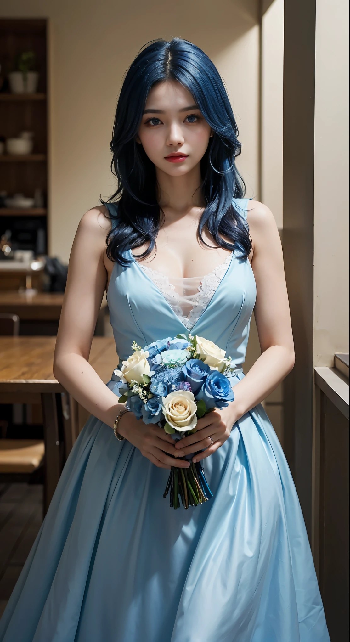 (highest quality、8k、16k、masterpiece、Realistic、Super detailed、Beautiful in every detail、ray tracing)、photograph、BREAK,（and soul）（secondary elements）1 girl、((blue hair))、hair length、((blue eyes、gradient eyes、sparkling eyes))、bright eyes、finely tuned、expressive eyes、blue clothes、gem、Blue lighting、blue theme、（shape：1.5）、abstract、highest quality、Super detailed、(((have a bouquet)))、
