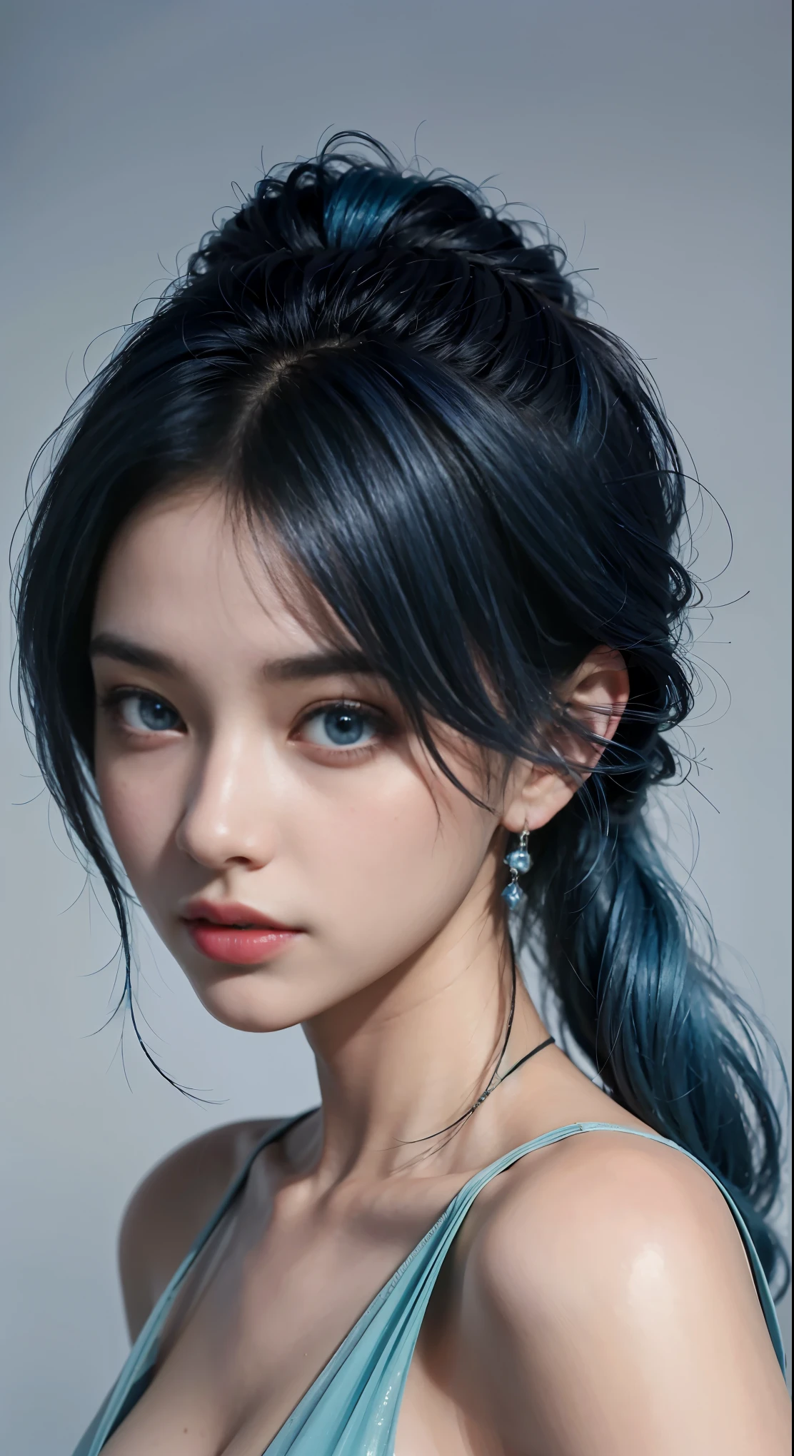 (highest quality、8k、16k、masterpiece、Realistic、Super detailed、Beautiful in every detail、ray tracing)、photograph、BREAK,（and soul）（secondary elements）1 girl、((blue hair))、hair length、((blue eyes、gradient eyes、sparkling eyes))、bright eyes、finely tuned、expressive eyes、blue clothes、gem、Blue lighting、blue theme、（shape：1.5）、abstract、highest quality、Super detailed、(((have a bouquet)))、