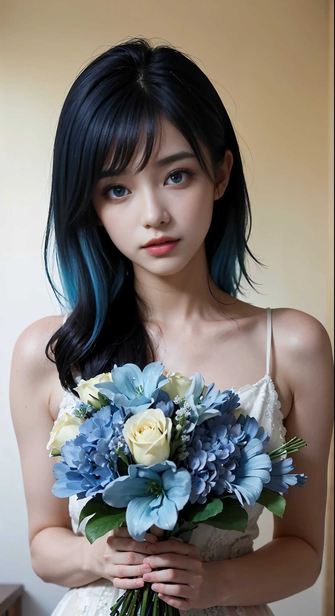 (highest quality、8k、16k、masterpiece、Realistic、Super detailed、Beautiful in every detail、ray tracing)、photograph、BREAK,（and soul）（secondary elements）1 girl、((blue hair))、hair length、((blue eyes、gradient eyes、sparkling eyes))、bright eyes、finely tuned、expressive eyes、blue clothes、gem、Blue lighting、blue theme、（shape：1.5）、abstract、highest quality、Super detailed、(((have a bouquet)))、