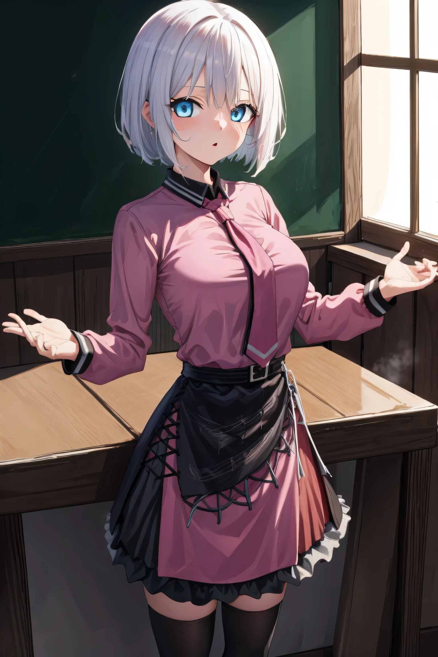 1girl, white hair, blue eyes, x hair ornament,
BREAK (pink necktie, long sleeves, pink skirt, thighhighs, cleavage:1.2)
BREAK indoors, classroom,
BREAK standing,sagging breasts,
BREAK (masterpiece:1.2), best quality, high resolution,NSFW ,unity 8k wallpaper, (illustration:0.8), (beautiful detailed eyes:1.6), extremely detailed face, perfect lighting, extremely detailed CG, (perfect hands, perfect anatomy),