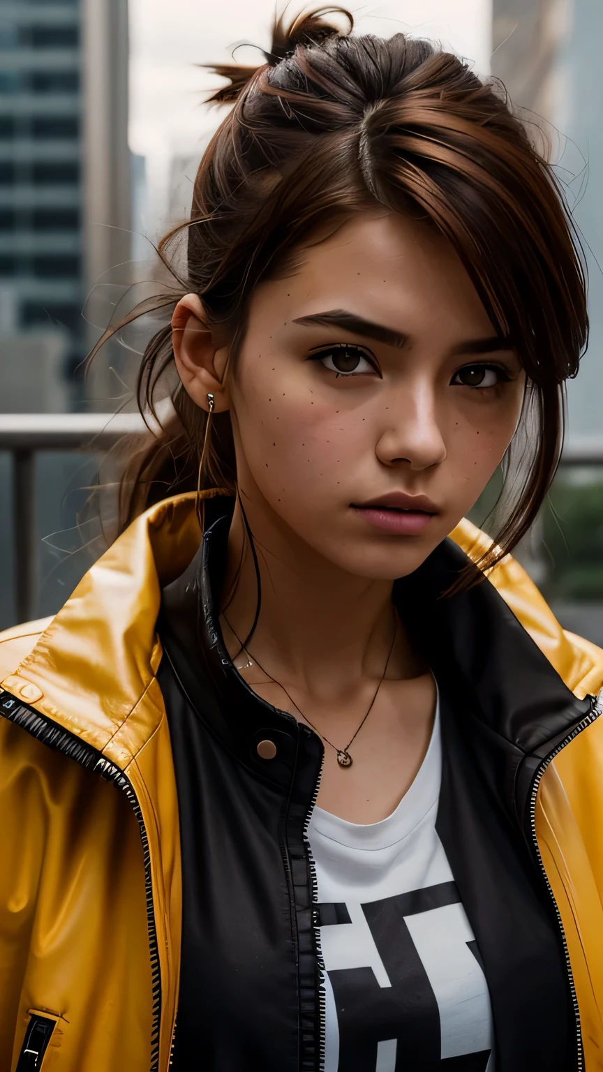 RAW photo, 20 year old close up portrait photo.o 1 girl, alone, realistic,shirt,Jacket, cyber punk, spike hair,brown hair, yellow Jacket, The background is the city ruins, (high definition skin:1.2), 8k UHD, Digital single-lens reflex camera, soft lighting, high quality, film grain, Fujifilm XT3, highly detailed background