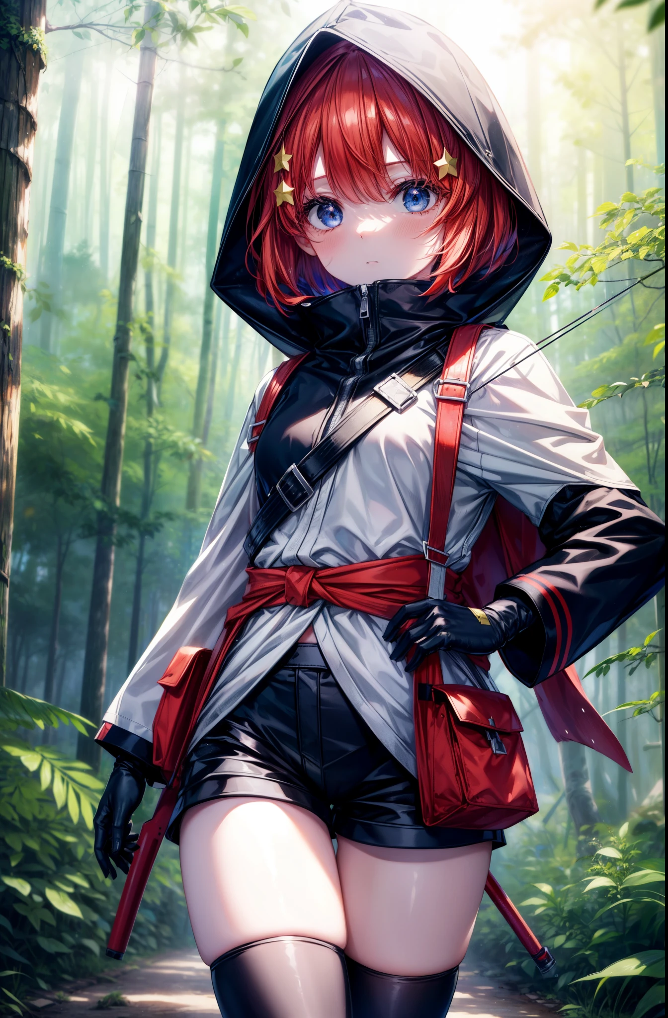 itsukinakano, Itsuki Nakano, bangs, blue eyes, hair between eyes, redhead, star \(symbol\), hair ornaments, star hair ornaments,hood up,short hair,Carrying an archery bag on his back,wears a quiver on one's waist, asymmetrical clothes, boots, cloak,gloves, red Thighhighs, high heels, shorts, Thighhighs,So that the whole body goes into the illustration,walking,
break outdoors, forest,forest林, (cowboy shot:1. 5)
break (masterpiece:1.2), highest quality, High resolution, unity 8k wallpaper, (figure:0.8), (detailed and beautiful eyes:1.6), highly detailed face, perfect lighting, Very detailed CG, (perfect hands, perfect anatomy),