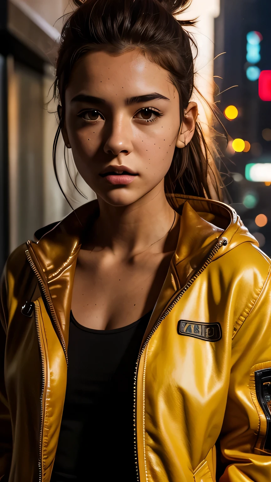 RAW photo, 20 year old close up portrait photo.o 1 girl, alone, realistic,shirt,Jacket, cyber punk, spike hair,brown hair, yellow Jacket, The background is the city ruins, (high definition skin:1.2), 8k UHD, Digital single-lens reflex camera, soft lighting, high quality, film grain, Fujifilm XT3, highly detailed background