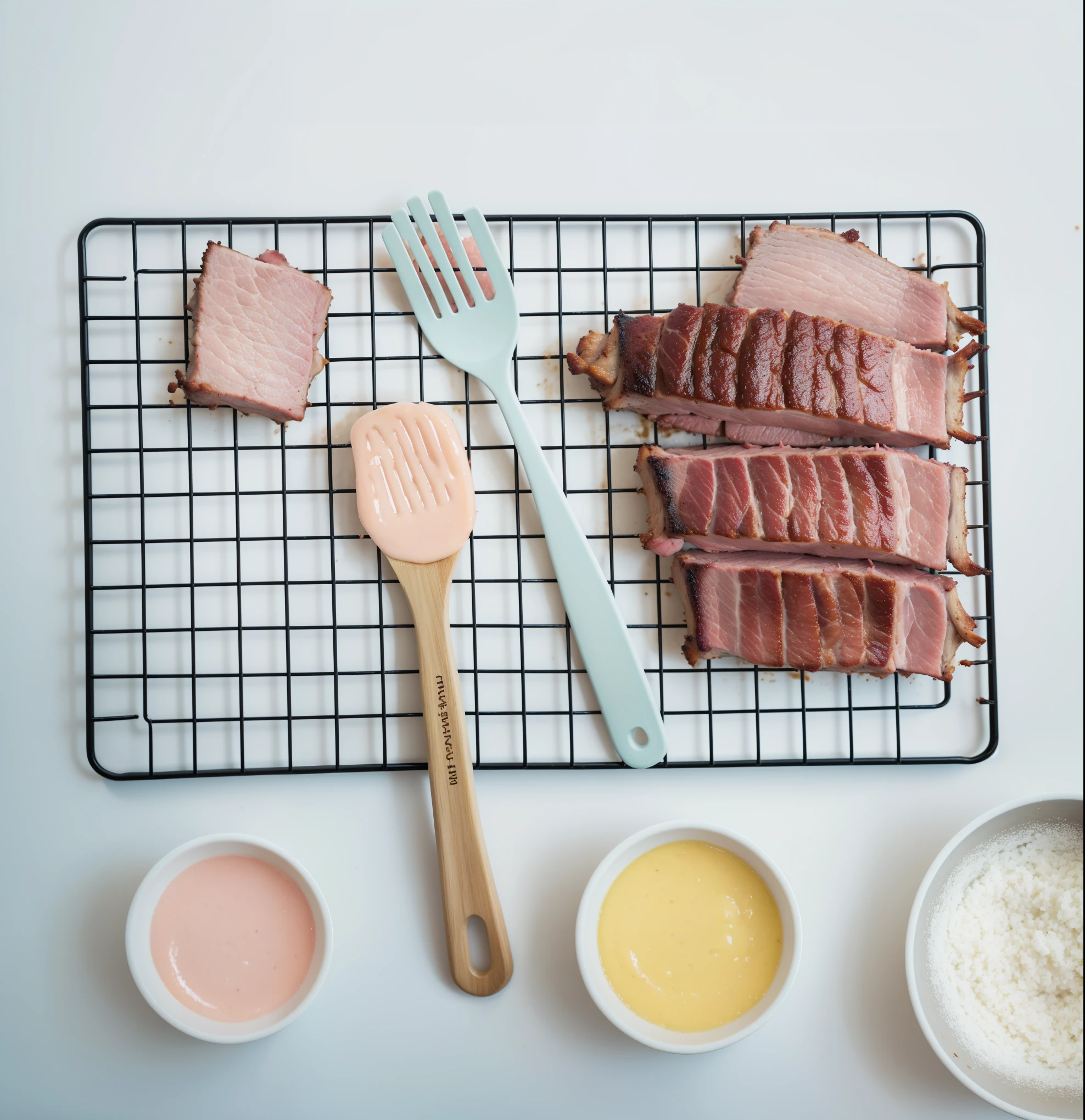 arafed meat on a rack with a spatula and a bowl of milk, product introduction photo, serving rack of ribs, pork, easy, pastel colorful mold, silicone cover, spatula, pig, ready to eat, product introduction photos, professional product photo, pastel glaze, ham, made of glazed, glazed, full subject shown in photo, meat