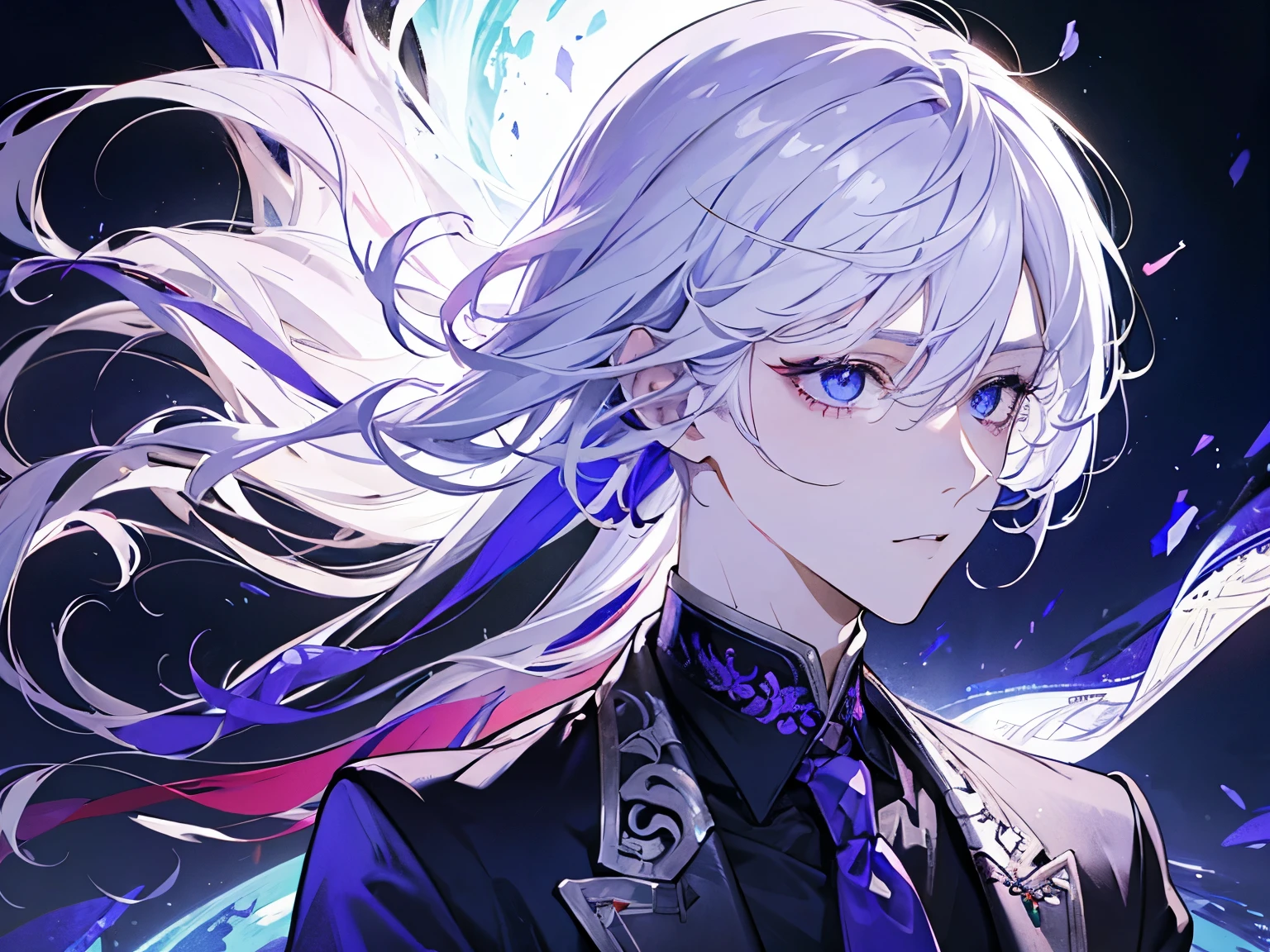 1 male, white hair, purple formal suit, one is red eye、blue eyes