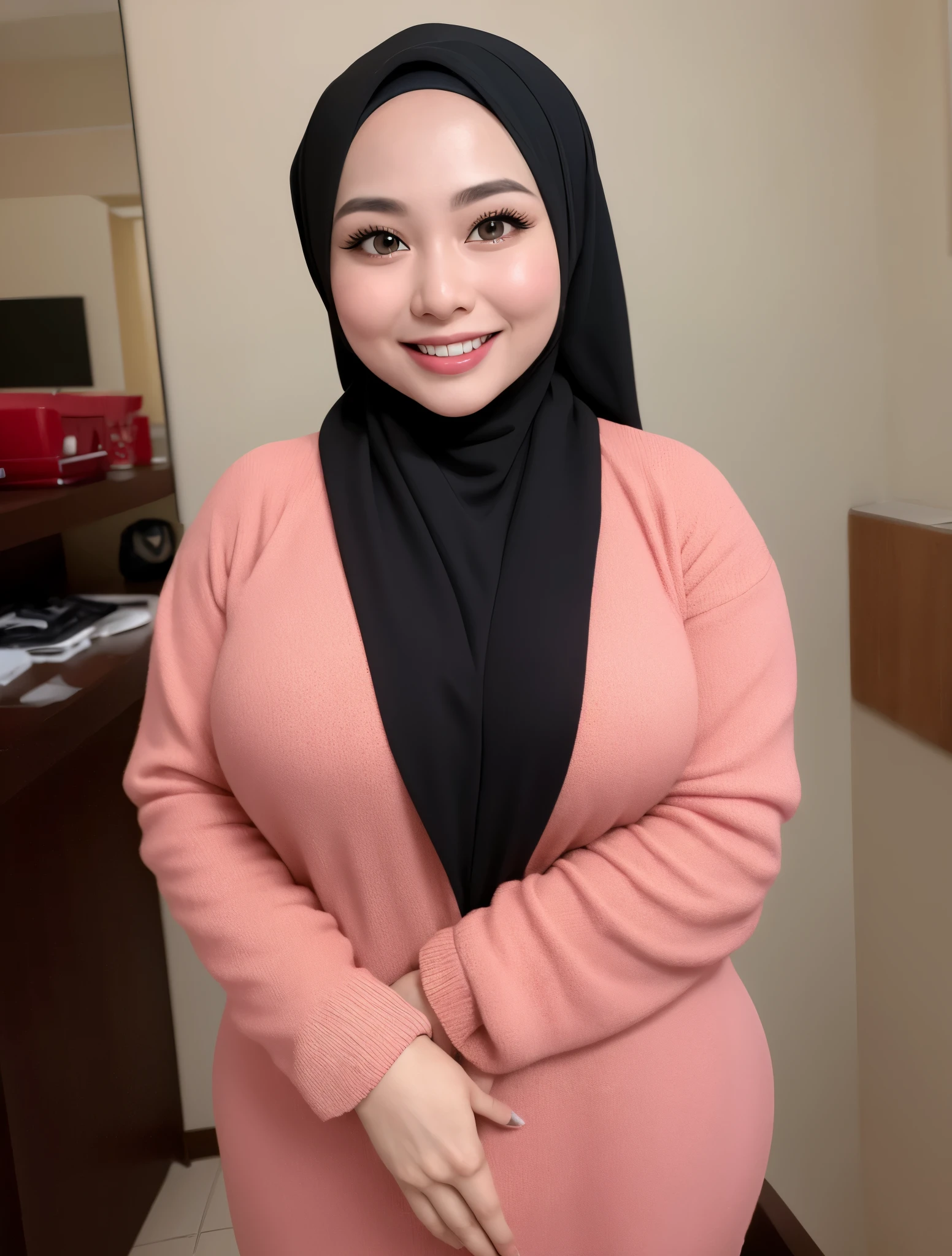 (iu:0.8), RAW, Best quality, high resolution, Masterpiece: 1.3, Beautiful  hijabi bbw chubby malay women ,big eyes, perfect nose, perfect bbw body, wearing sport bra, huge large big breast, Masterpiece, smile teeth.