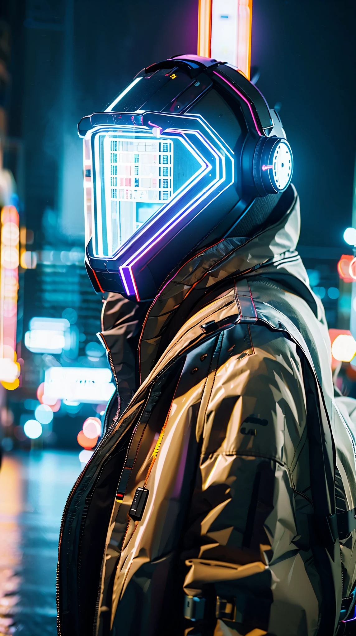 (Good structure),HDR,UHD,8K,1girl,Cyberpunk protective clothing,Cyberpunk gas mask,Cyberpunk protective helmet,A glowing helmet,Neon lights,Neon color,ground vehicle,helmet,night,Mask screen reflection,Oblique side close-up,machinery,Upper body,Cyberpunk,mecha,pilot suit,realistic,retro artstyle,science fiction