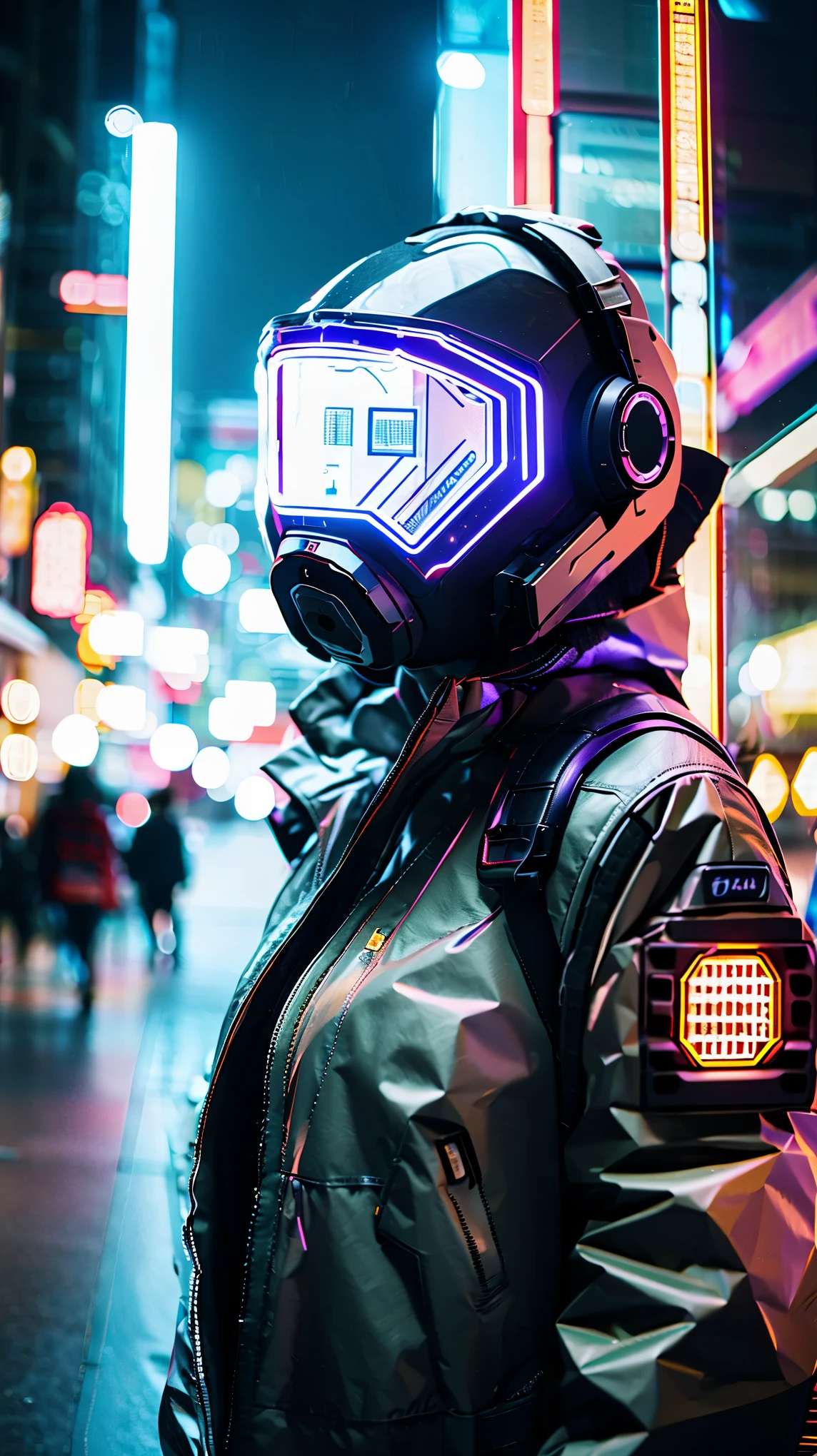 (Good structure),HDR,UHD,8K,1girl,Cyberpunk protective clothing,Cyberpunk gas mask,Cyberpunk protective helmet,A glowing helmet,Neon lights,Neon color,ground vehicle,helmet,night,Mask screen reflection,Oblique side close-up,machinery,Upper body,Cyberpunk,mecha,pilot suit,realistic,retro artstyle,science fiction
