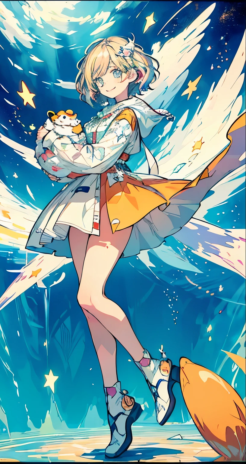 One girl, with light hair the color of a cloudy sky and eyes as bright as the sun, floats serenely in the masterpiece that is a highest quality movie still. Her short bob frames her happy face, which is filled with fun as she signals a cheerful smile, mouth wide open in a cute expression. The intricate limb depiction adds to the detail of the scene, with her arms gently extended at her sides and legs slightly bent for balance. The soft, abstract lighting, reminiscent of Bauhaus design, bathes her in a gentle glow. The cloud beneath her, shaped like a human face with star-shaped pupils, completes the whimsical scene. The vivid neon background adds