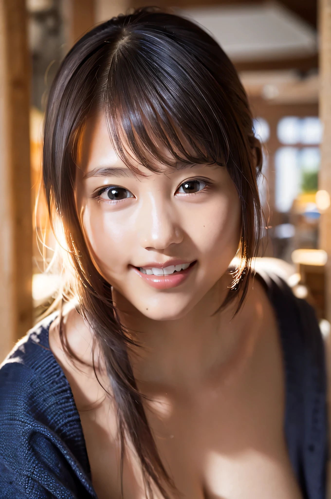 (8k, RAW photo, highest quality, masterpiece:1.2), (realistic, photo-realistic:1.37), Super detailed, ultra high resolution,1 girl,looking at the viewer,beautiful and detailed face,smile,teeth,(feather cut:0.6),good,All nude,professional lighting,room detail,indoor,naked