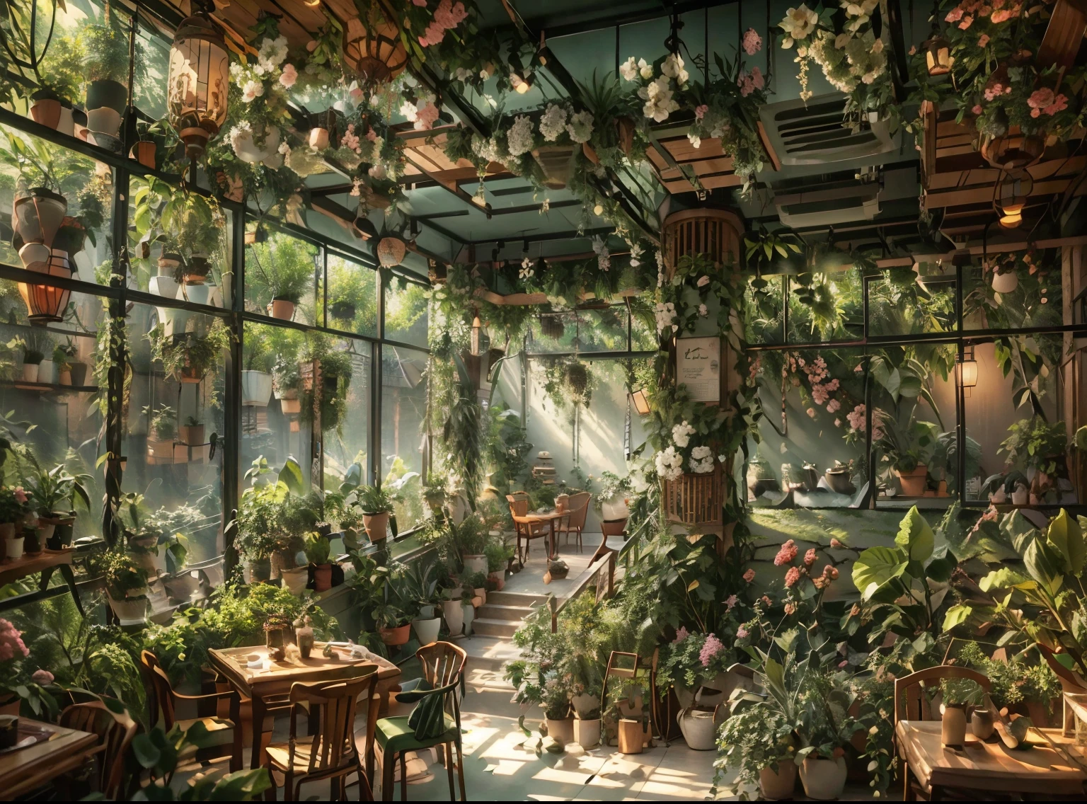 Green coffee shop decorated with flowers and vines for an elegant atmosphere. (Best quality, high resolution), (Bright, vibrant colours), (Detailed, realistic), Decorated with flowers and vines for an elegant atmosphere. Floral decorations on the walls create a warm and cosy atmosphere. Wooden furniture such as Chinese tables and chairs are also scattered around for guests to relax. The style is reminiscent of V-Ray's squint tracking.