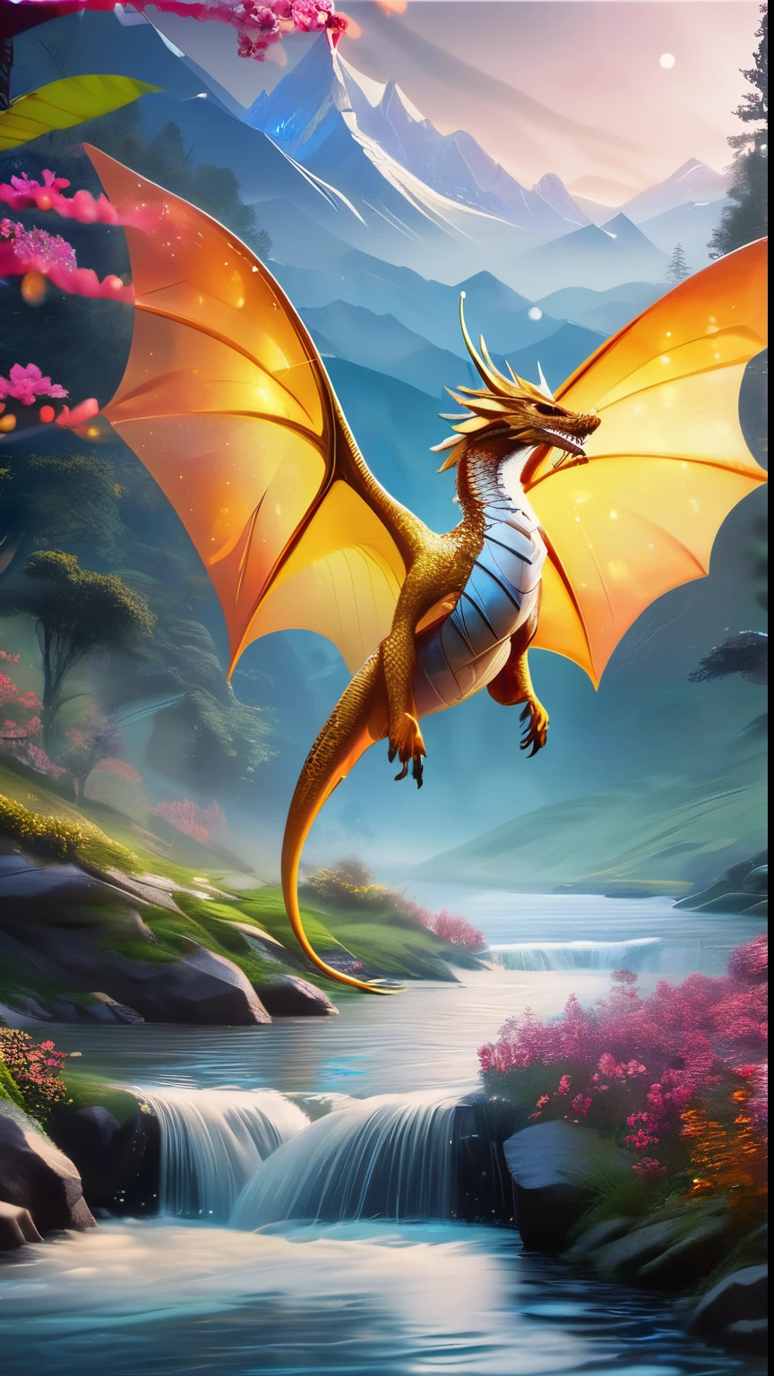 Fantasy、Fantasy、(whole body, detailed), ((Portrait of a dragon with colorful feathers:1.5)), photoRealistic, masterpiece: 1.2), (Highest quality, High resolution, 8K), (Realistic: 1.37), faint smoke, ultra detailed , Sharp focus, Bright Eyes, Scale and Texture, mysterious, Calm, Beautiful Landscape, Soft lighting, Vibrant colors, Rainbow and sunshine shining.16K, 超High resolution, Shining in rainbow colors、to be born,wonderful ,future、Iridescent、The world 30 years from now。