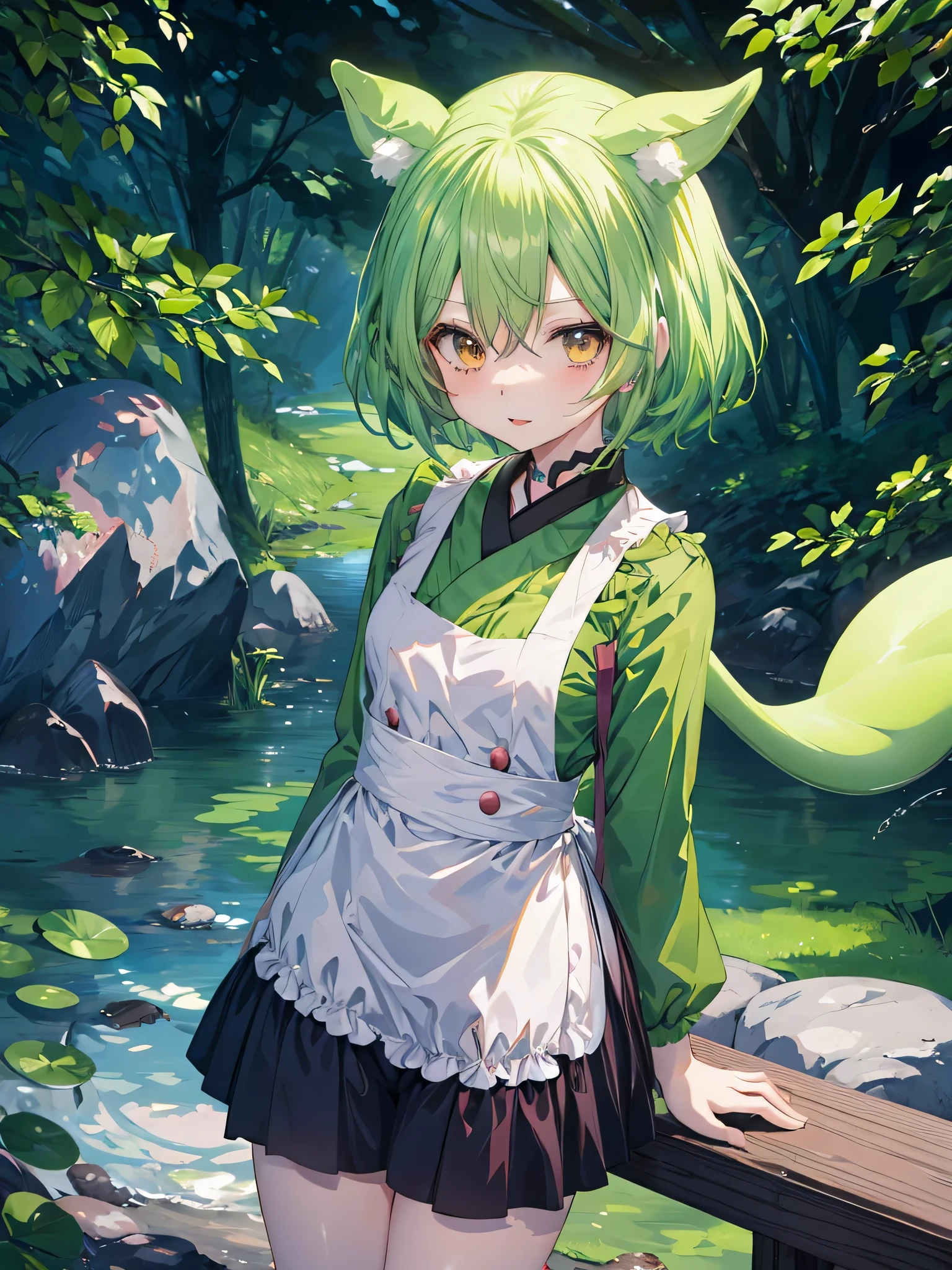 歩道に立つ緑の髪とgreen clothesを着たアニメの女の子, anime style 4 k, anime style. 8k, Tatsumaki, Gweiz, green clothes, Forest City Street behind her, High quality anime art style, anime girl with cat ears, anime moe art style, in an anime style, young anime girl, anime art wallpaper 8k