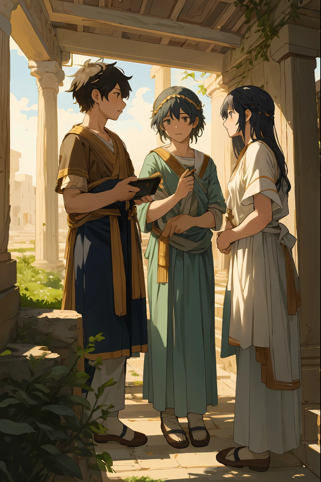 Show me this young man talking to three girls.,元のimageのテクスチャと外観と同じスタイルを保持します,    atmosphere of the ancient greece past, Photographed in an artistic style similar to Alma Tadema. image, Although it is a realistic visual expression、, Avoid mentioning modern technology. Instead, The scene is painted as if it were a classical painting., Without the presence of the previously used Canon EOS 5D Mark IV camera、