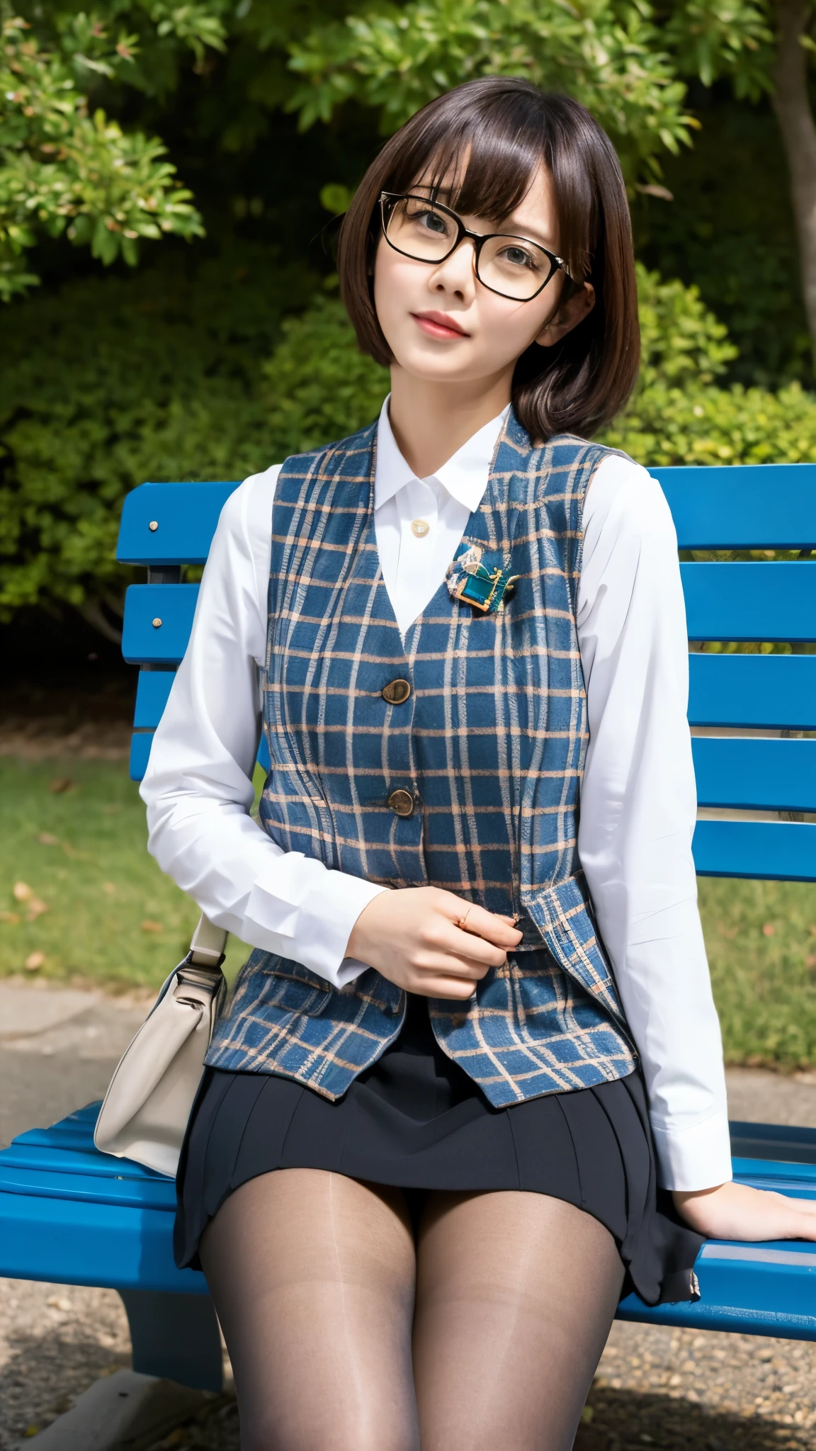 Ulchan-6500-v1.1, (RAW photo:1.2), (Photoreal), (genuine:1.4), (pieces fly), A plain and quiet woman wearing glasses and a plaid vest.., wear a skirt、with glasses, Slightly chubby body type、(super realistic pantyhose:1.2), thick glasses, Yoshitomo Nara, tits, japanese goddess, with glasses on, sexy girl,  Otaku-like appearance, big glasses, wore black glasses, Otaku-like, sexy gaze, ((full body shot:1.14))、sitting on a park bench、Super realistic skin texture、shiny skin、exposed thighs!!!