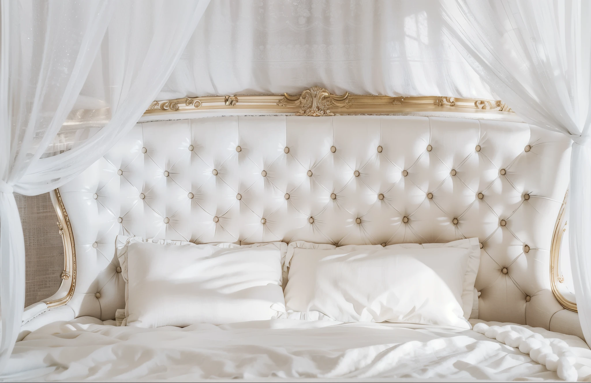 there is a floor with a white headboard and a white canopy, white floor, Softly tufted, cozy floor, boudoir, floor, 白色floor单, white pillow, un made floor, large comfy floor, detailed details, white furniture, messy floor, White with gold accents, laying in floor, floor is not made, Exquisite and gorgeous, neoclassical style