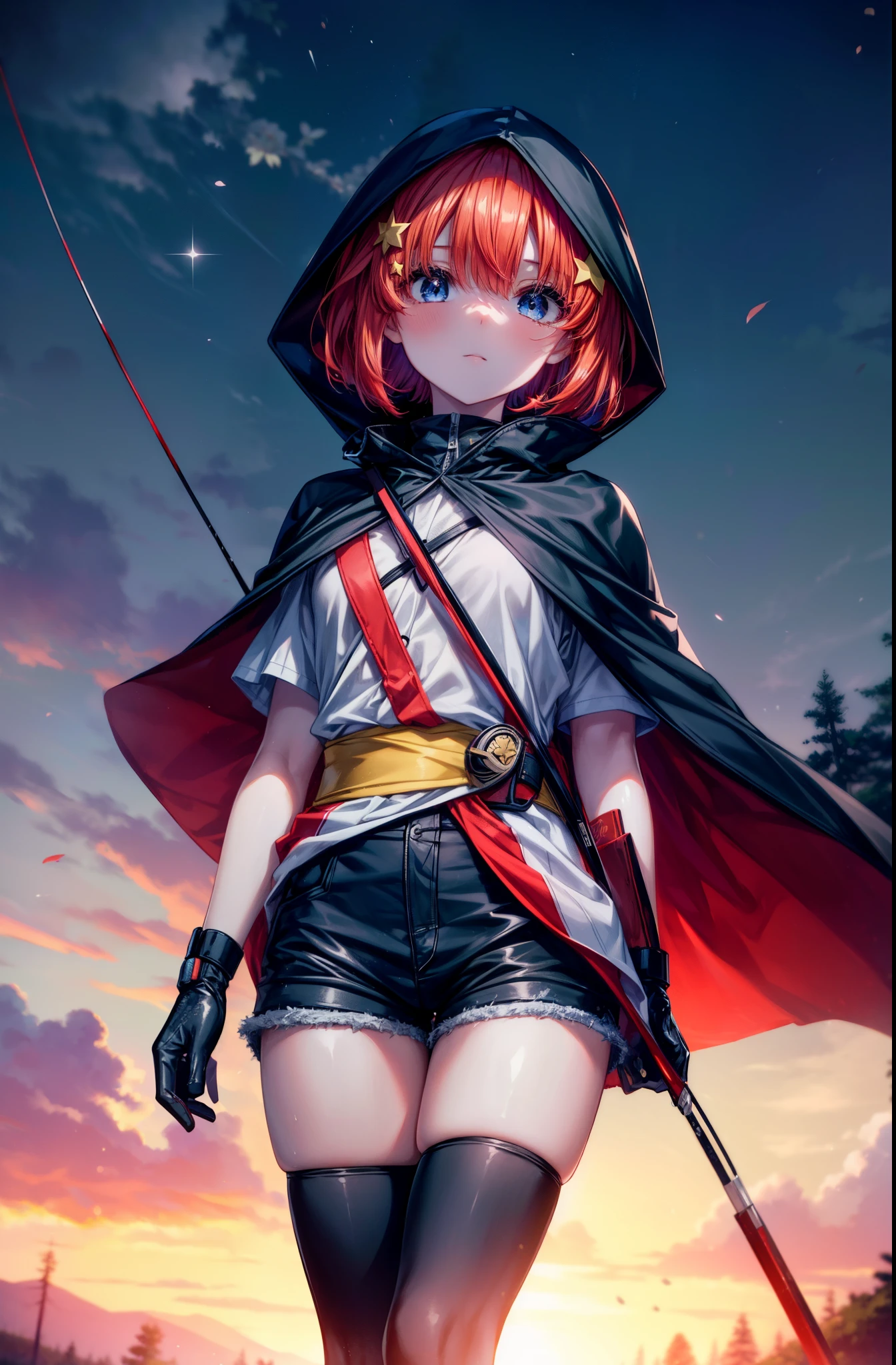 itsukinakano, Itsuki Nakano, bangs, blue eyes, hair between eyes, redhead, star \(symbol\), hair ornaments, star hair ornaments,hood up,short hair,Carrying an archery bag on his back,wears a quiver on one's waist, asymmetrical clothes, boots, cloak,gloves, red Thighhighs, high heels, shorts, Thighhighs,So that the whole body goes into the illustration,walking,
break outdoors, forest,forest林, (cowboy shot:1. 5)
break (masterpiece:1.2), highest quality, High resolution, unity 8k wallpaper, (figure:0.8), (detailed and beautiful eyes:1.6), highly detailed face, perfect lighting, Very detailed CG, (perfect hands, perfect anatomy),