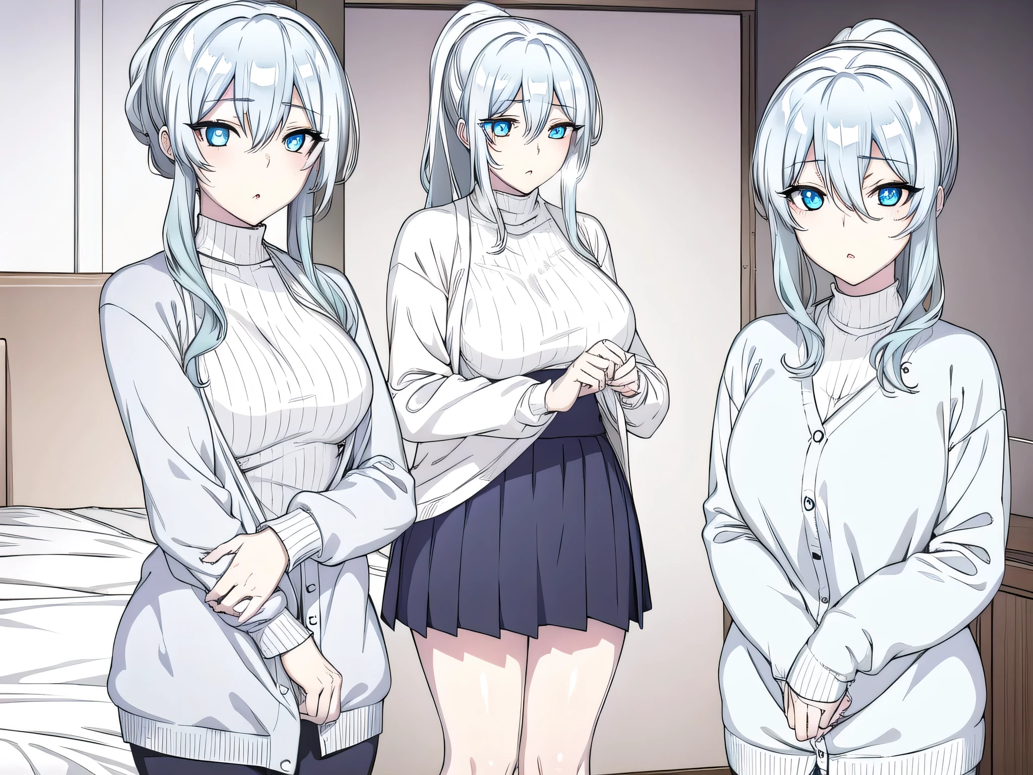 yuki ona yukino, long hair, bangs, blue eyes, hair between eyes, blue hair, ponytail, BREAK skirt, long sleeves, black skirt, sweater, turtleneck, ribbed sweater, white sweater, cardigan, blue cardigan, open cardigan, BREAK indoors, bed, BREAK looking at viewer, (cowboy shot:1.5), BREAK (masterpiece:1.2), best quality, high resolution, unity 8k wallpaper, (illustration:0.8), (beautiful detailed eyes:1.6), extremely detailed face, perfect lighting, extremely detailed CG, (perfect hands, perfect anatomy),, full body illustration, clear line, lineart
