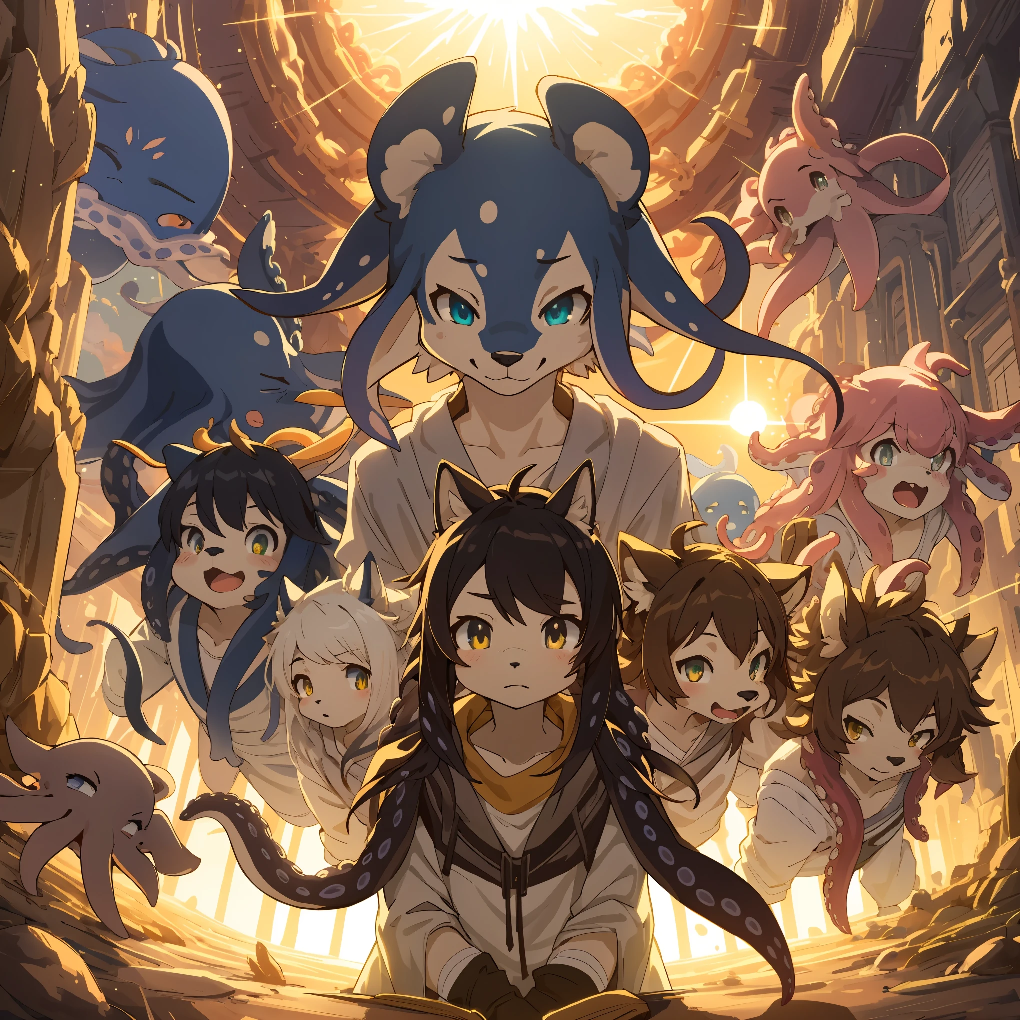 top quality, best quality, High-quality illustrations, masterpiece, super high resolution, detailed background, seeside((movie of octopus creatures and human )), 6+boys, 6+girls, absurdres(highly detailed beautiful face and eyes)perfect anatomy, expression, caustics, light rays, dynamic lighting, light particles, lens flare, cinematic shadow(kemono, furry anthro)assorted poses, dynamic angle,