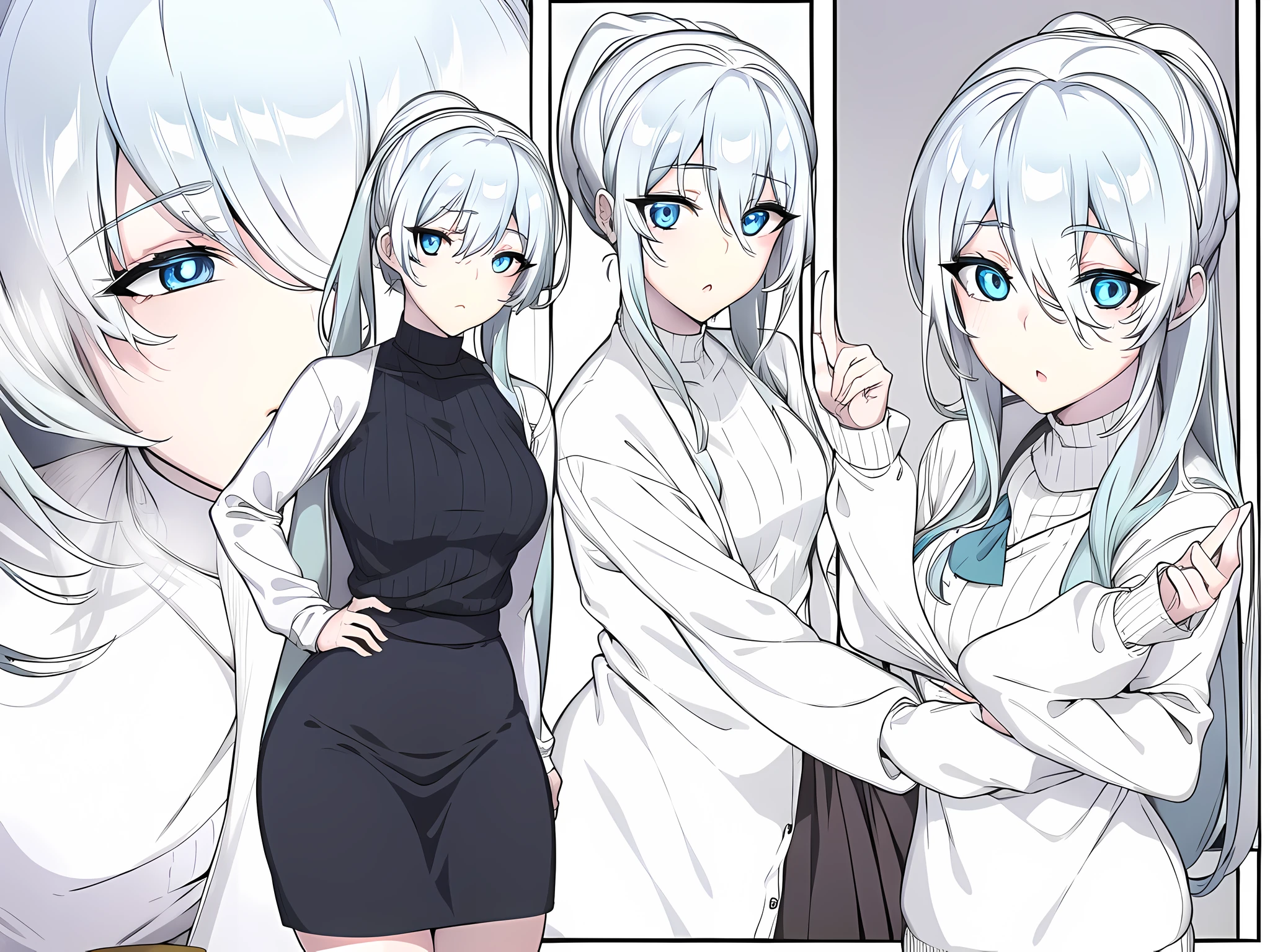 yuki ona yukino, long hair, bangs, blue eyes, hair between eyes, blue hair, ponytail, BREAK skirt, long sleeves, black skirt, sweater, turtleneck, ribbed sweater, white sweater, cardigan, blue cardigan, open cardigan, BREAK indoors, bed, BREAK looking at viewer, (cowboy shot:1.5), BREAK (masterpiece:1.2), best quality, high resolution, unity 8k wallpaper, (illustration:0.8), (beautiful detailed eyes:1.6), extremely detailed face, perfect lighting, extremely detailed CG, (perfect hands, perfect anatomy),, full body illustration, clear line, lineart
