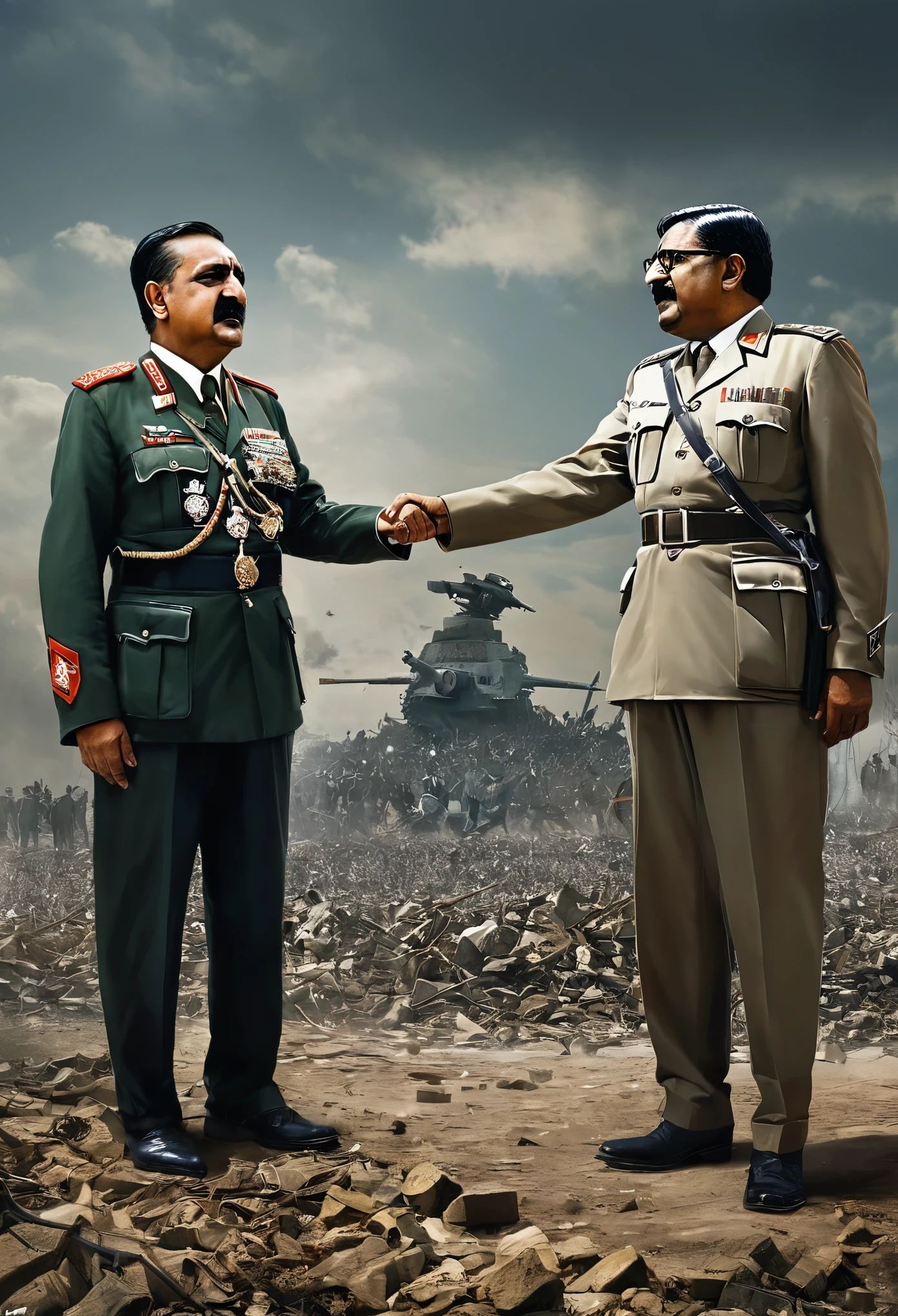 a thought-provoking artwork depicting a fictional encounter between Adolf Hitler and Bangabandhu Sheikh Mujibur Rahman, symbolizing an alternate history where the Western world has been conquered. Portray the scene with a focus on the complexities of power dynamics, ideology, and the human condition.

Visualize Hitler and Mujibur Rahman standing amidst the remnants of Western civilization, their expressions a mix of triumph and contemplation. Despite their differences in ideology and background, their shared moment of victory serves as a testament to the unpredictable twists of history.

Capture the nuances of their interaction: the hesitant handshake laden with unspoken tensions, the exchange of guarded glances hinting at diverging visions for the future. Surround them with the echoes of a fallen empire, the ruins of once-mighty civilizations serving as a sobering backdrop to their historic meeting.

Through subtle symbolism and nuanced characterization, explore the complexities of leadership, ambition, and the human cost of conquest. Prompt viewers to reflect on the fragility of power, the consequences of unchecked authority, and the moral ambiguities inherent in the pursuit of greatness."
