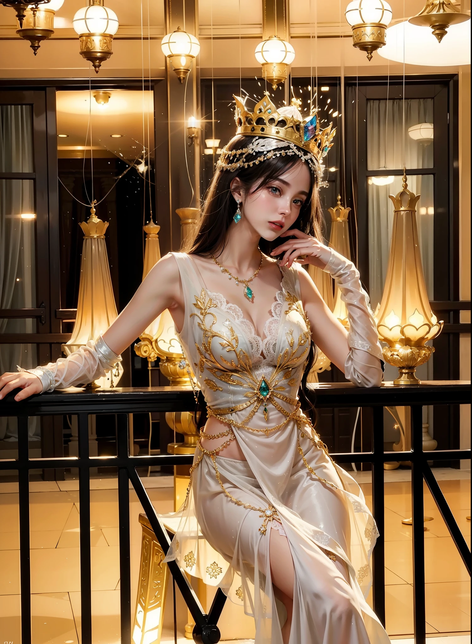 Royal sister,exquisite eyes,ice queen,put the crown on your head,Detailed facial expressions body,tall figure,Gorgeous,Leg length,4k,HD,Sensual,translucent lace,白皙plump figure,pretty face,Little cherry mouth,beautiful and delicious(3D royal sister),plump figure,gloss gel coat,Queen in luxurious dress,crystal gem decoration,Angel of light in armor,