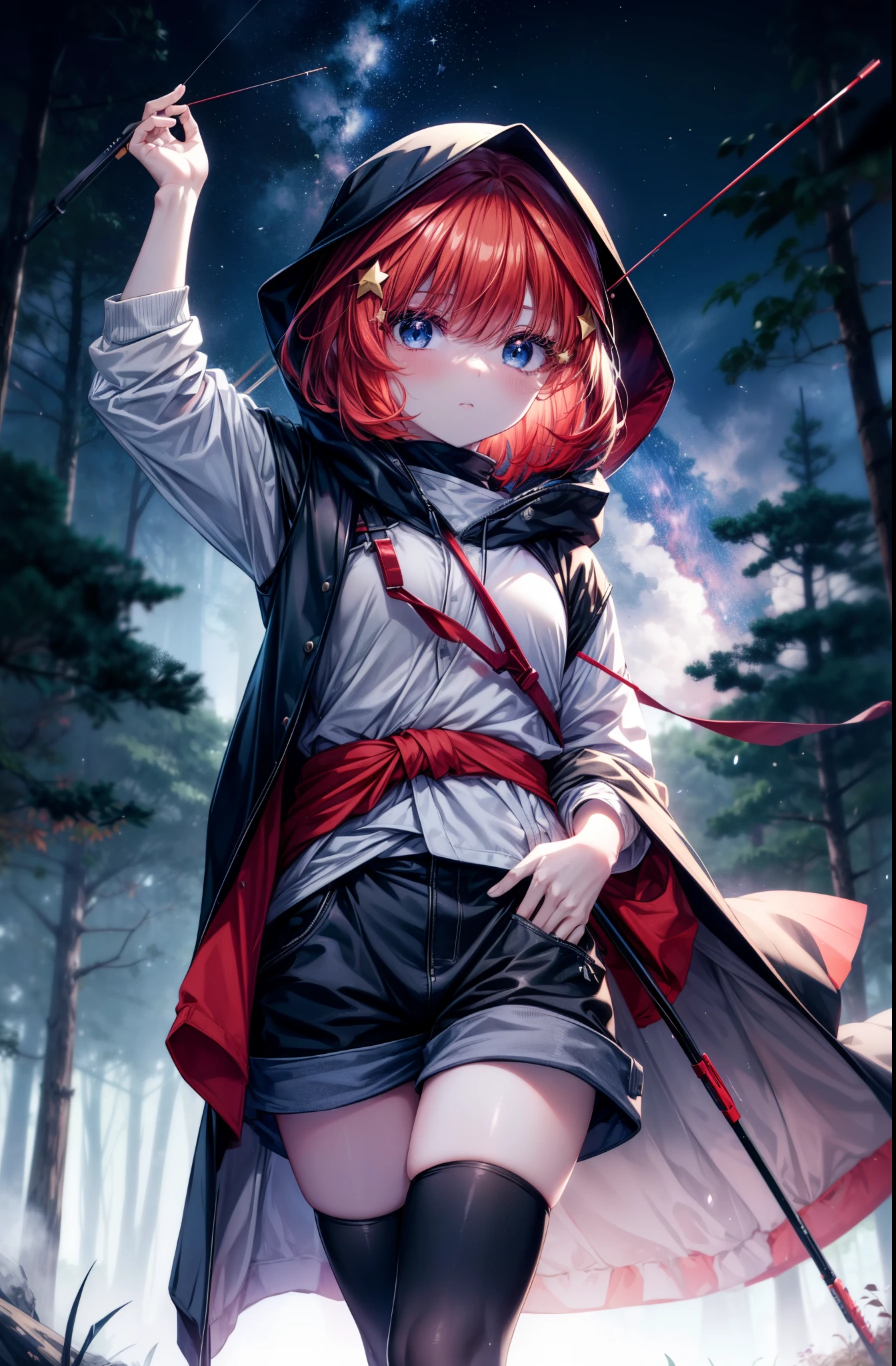 itsukinakano, Itsuki Nakano, bangs, blue eyes, hair between eyes, redhead, star \(symbol\), hair ornaments, star hair ornaments,hood up,short hair,Carrying an archery bag on his back,wears a quiver on one&#39;s waist, asymmetrical clothes, boots, cloak,put both hands in trouser pockets, red Thighhighs, high heels, shorts, Thighhighs,So that the whole body goes into the illustration,walking,
break outdoors, forest,forest林, (cowboy shot:1. 5)
break (masterpiece:1.2), highest quality, High resolution, unity 8k wallpaper, (figure:0.8), (detailed and beautiful eyes:1.6), highly detailed face, perfect lighting, Very detailed CG, (perfect hands, perfect anatomy),