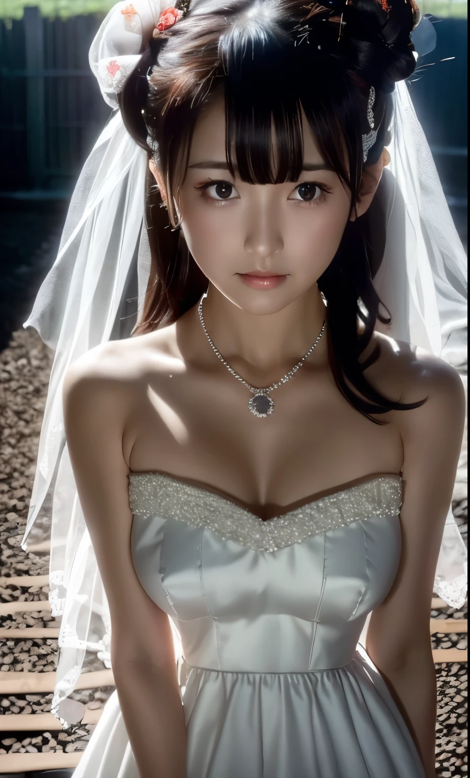 (((Pixel perfect, Perfect details))), alone, 1 girl，bride, yuigahama yui， Shut up， 美丽bride穿美麗婚紗的特写,Gurwitz, (((bride頭紗)))，（transparent short veil），blush，eye shadow，Blushing face，Head flower，headgear，((bouquet))，((((tube top wedding dress))))，(((strapless wedding dress))),(bare shoulders)，pure white dress，(necklace)，((earrings))，(large breasts:1.3)，Bangs，lipstick，((White long elbow gloves)),Half-length photo,High-detail RAW color art,White long skirt,There is a railway track next to it，(standing on the railroad tracks:1.3),18 years old, （long twintails：1.5）,(double bun:1.5), black hair,