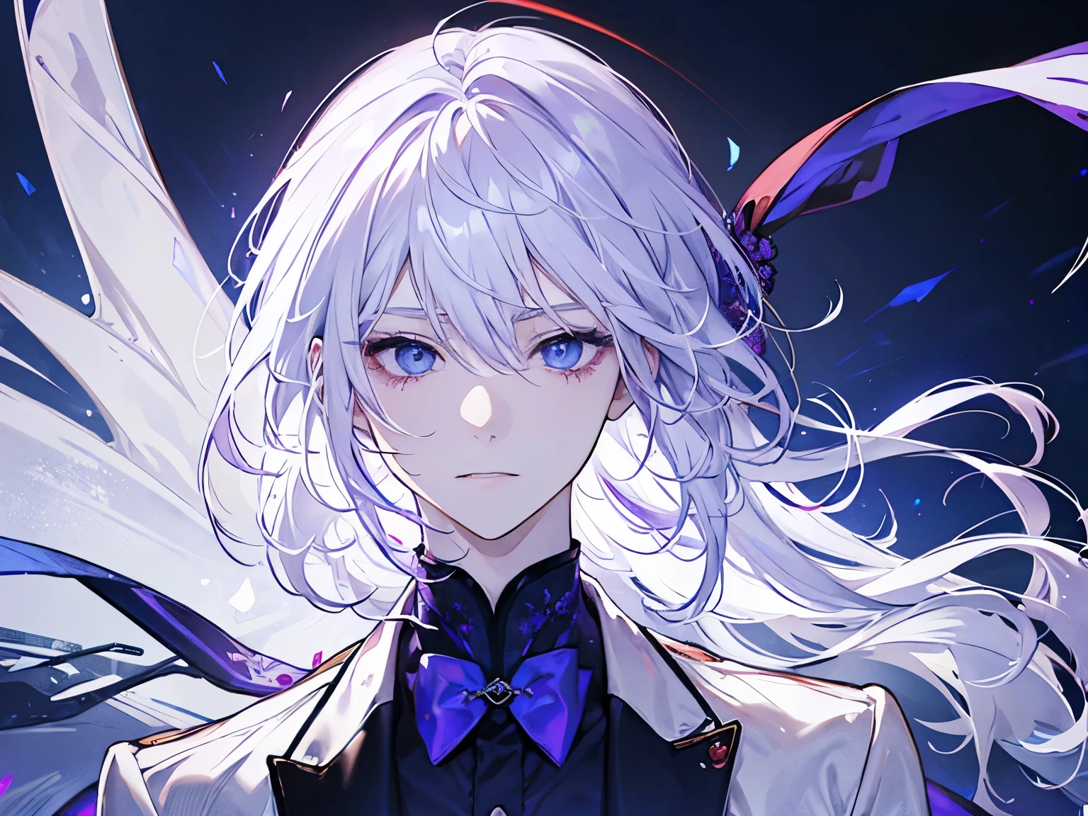1 male, white hair, purple formal suit, one is red eye、blue eyes