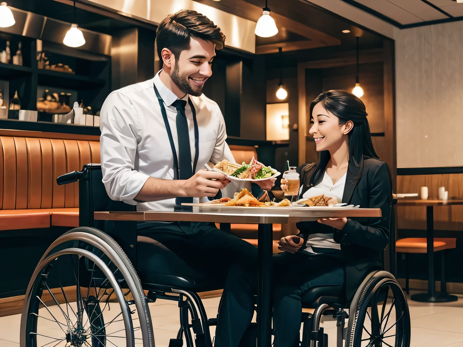 une personne en fauteuil roulant prenant un repas dans un restaurant