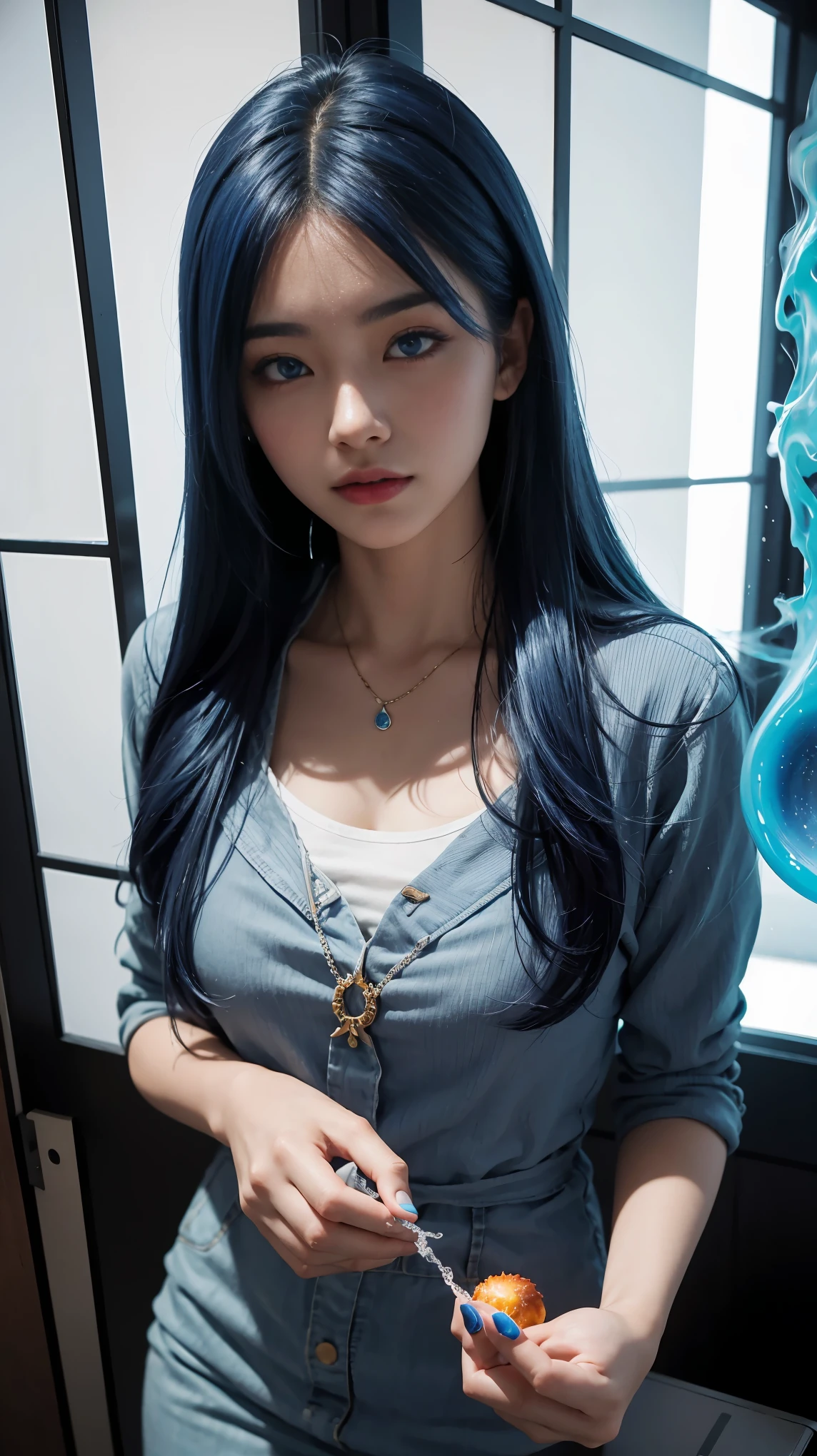 (and soul)(secondary elements)1 girl、(((blue hair)))、hair length、(blue eyes)、(gradient eyes)、sparkling eyes、bright eyes、finely tuned、expressive eyes、blue clothes、gem、Blue lighting、blue theme、(shape:1.5)、abstract、highest quality、Super detailed、(((with a fireball)))、((detailed red flame))、(random pose)、Beautiful worldview、((Photos that captivate everyone who sees them))、