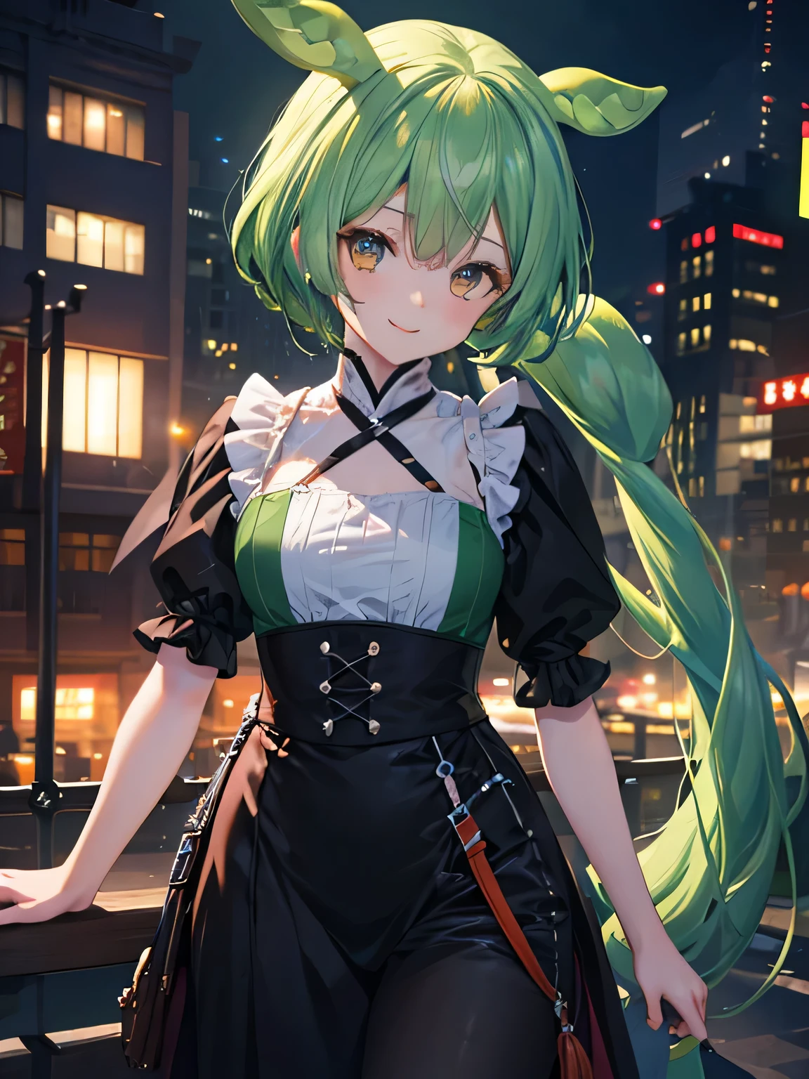 score_9, score_8_up, source_anime,
asanagi, by muk \(monsieur\)
BREAK,
1girl,ubel, side ponytail, dark green hair,
black gloves, black dress, thigh strap, arm strap, kneehighs,
facing viewer, slight smile,
indoors