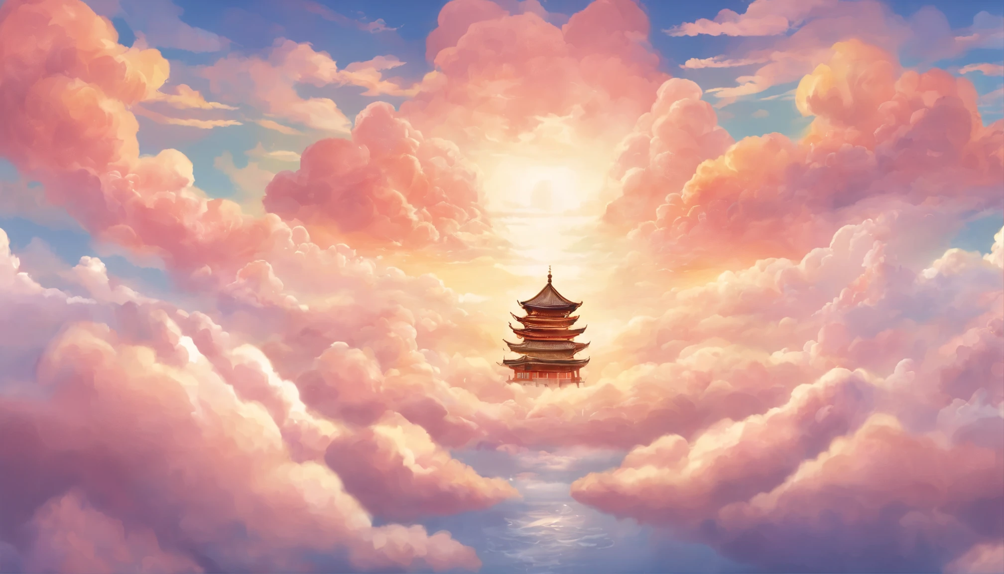 Illustrations of the Sea of Clouds and God Realm. (background, ・A fantasy world surrounded by a sea of clouds is unfolding. ・Soft clouds, Fluffy texture,Bright colors,Shiny. ・Above the sea of clouds depicts palaces and shrines where gods live. ・The palace and shrine seem to be floating on the sea of clouds. ・A palace in the sky floating on the sea of clouds. ・The shrine's torii gate stands above the sea of clouds. ), (people, ・Depicts various gods flying in the sea of clouds. - Each god has a unique appearance. ・The gods spend time happily above the sea of clouds. ),
