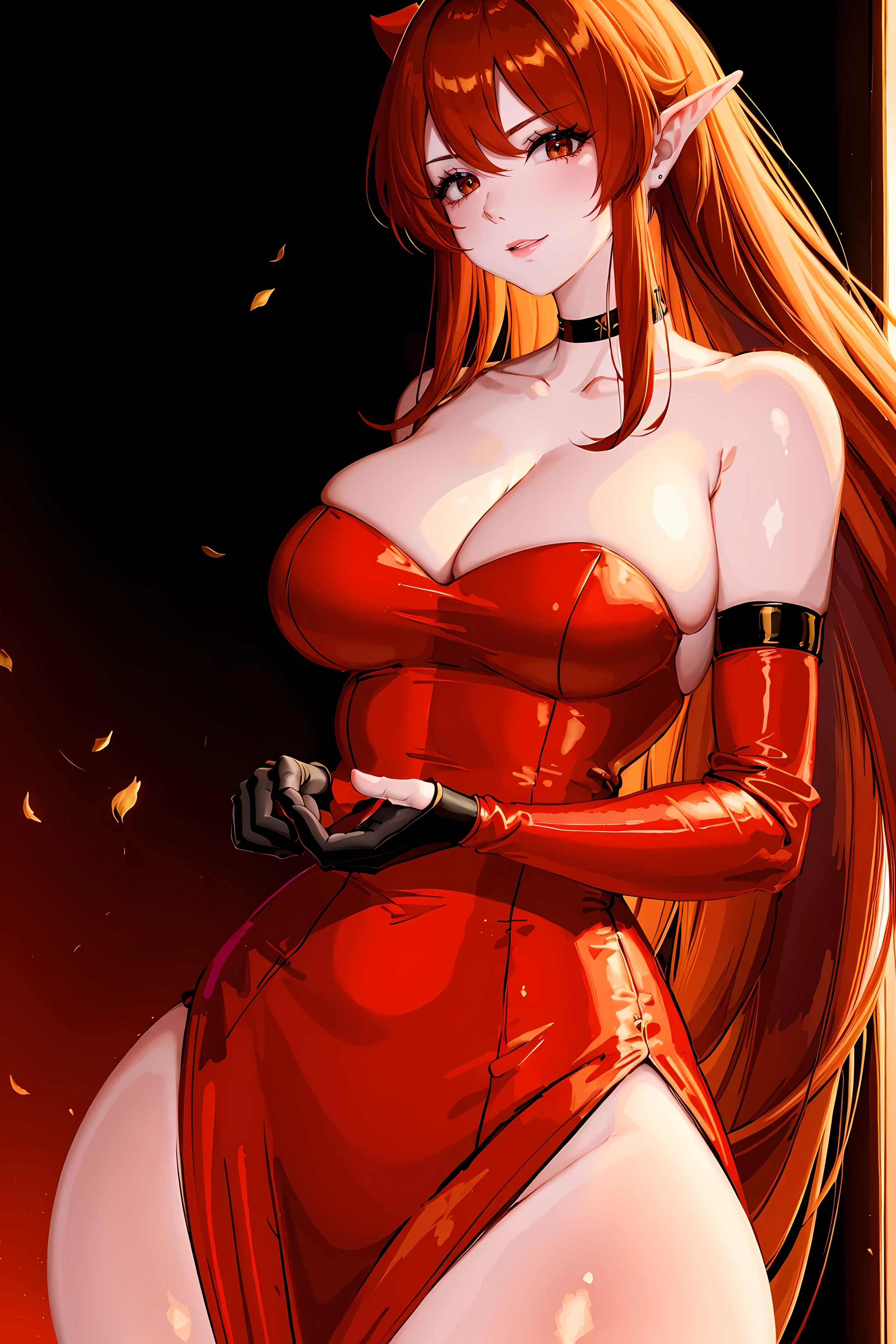 (best quality,4k,8k,high resolution,masterpiece:1.2), Super detailed, (actual,photoactual,photo-actual:1.37), portrait, landscape, high dynamic range, bright colors, soft light, magic, traditional, for real, 3d rendering, red cheongsam:1.5, hourglass figure, long pointed ears:1.1, ethereal, Breeze, red robe, black lace gloves, charming smile