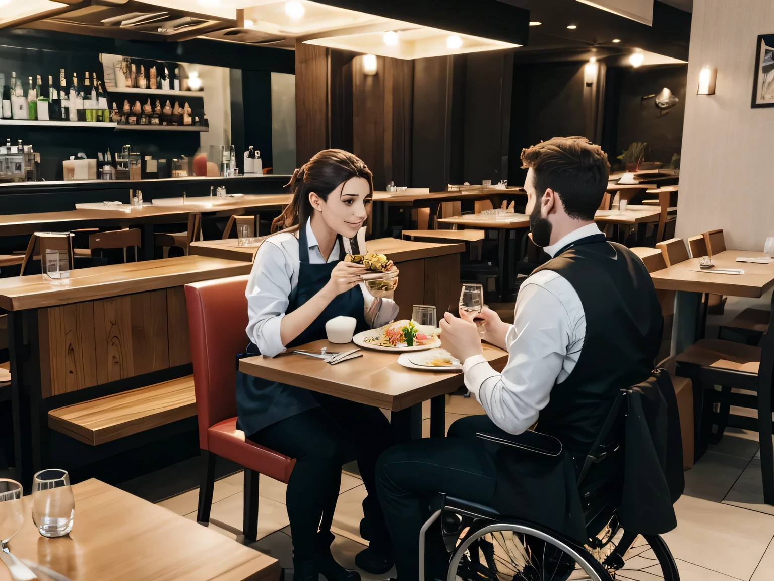 une personne en fauteuil roulant prenant un repas dans un restaurant