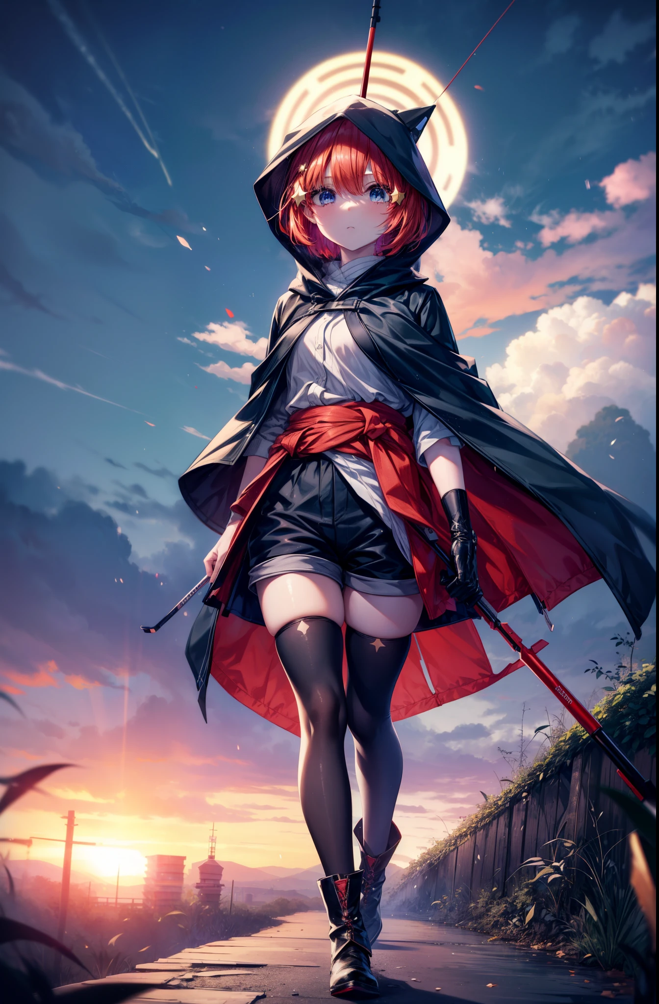 itsukinakano, Itsuki Nakano, bangs, blue eyes, hair between eyes, redhead, star \(symbol\), hair ornaments, star hair ornaments,hood up,short hair,carries an archery bag on his back,wears a quiver on one's waist, asymmetrical clothes, boots, cloak,put both hands in trouser pockets, red Thighhighs, high heels, shorts, Thighhighs,So that the whole body goes into the illustration,walking,
break outdoors, forest,forest林, (cowboy shot:1. 5)
break (masterpiece:1.2), highest quality, High resolution, unity 8k wallpaper, (figure:0.8), (detailed and beautiful eyes:1.6), highly detailed face, perfect lighting, Very detailed CG, (perfect hands, perfect anatomy),