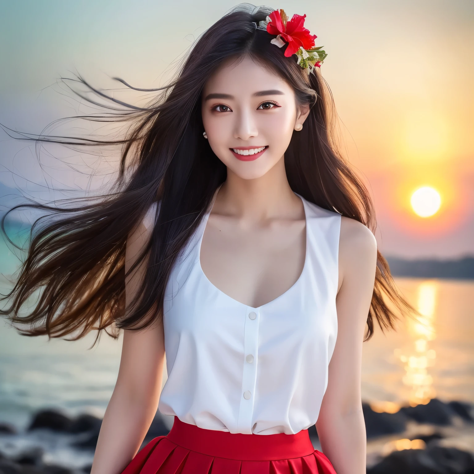 ((highest quality、table top、8k、best image quality、extremely complex and detailed depiction))、(1 person photo:1.1)、(the best smile looking at me:1.1)、smile showing your beautiful teeth、(beautiful perfect beach:1.2)、(Perfect sleeveless neat and classy white shirt:1.1)、(Red Long Flared Skirt:1.1)、emphasize body line:1.1)、One bright hibiscus flower on the head、cleavage、big breasts、glamorous body、hair swaying in the wind、sandy beach、beautiful sea、(Beautiful, sparkling, vivid sea:1.1)、Complex sea glow、beautiful seaの詳細が描かれています、(Brightly lit face:1.2)、(Beautiful skin that shines brightly:1.1)、Ultra high definition beauty face、ultra high definition hair、Super high-definition glitter eyes、(Pure white skin shining in ultra-high resolution:1.2)、very bright and glowing skin、Super high resolution glossy lips、(very bright and vivid:1.1)、(accurate ???????:1.1)
