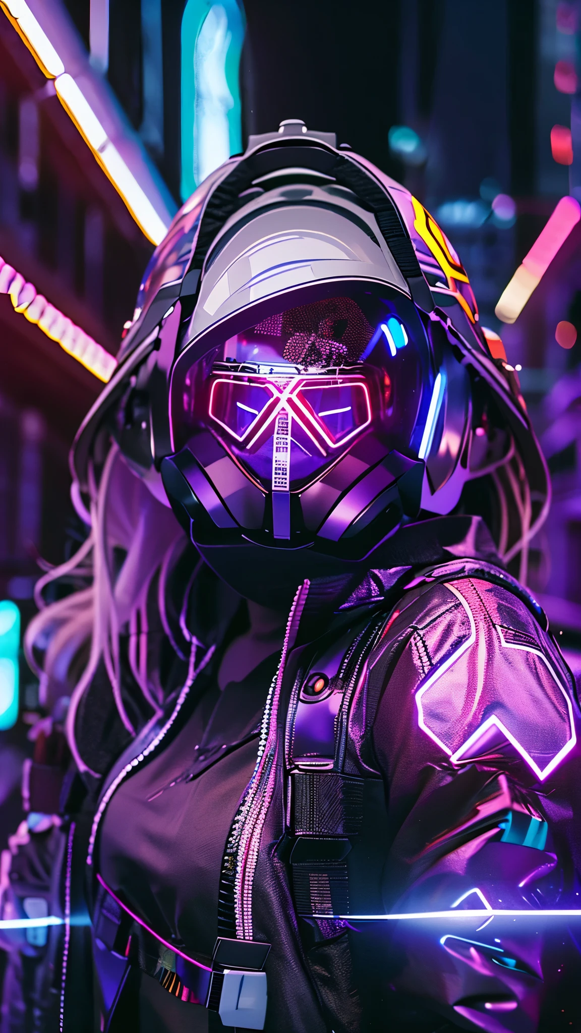 (Good structure),HDR,UHD,8K,1girl,Cyberpunk protective clothing,Cyberpunk gas mask,Cyberpunk protective helmet,A glowing helmet,Neon lights,Facing the camera,White helmet,night,Mask screen similar to VR glasses,close-up,A glowing mask screen,Neon color,ground vehicle,Upper body,Cyberpunk,jacket,solo