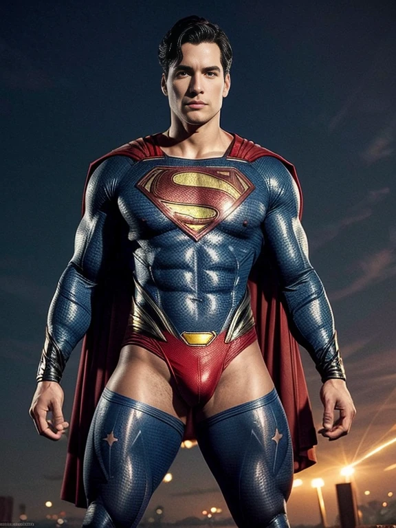 Man body setting,Superman costume tights , (bare thighs ) , sexy , NSFW , eroticism , seduction, standing , big thighs , fat hips , porn , exposed skin , exposed thighs , puffy nipples