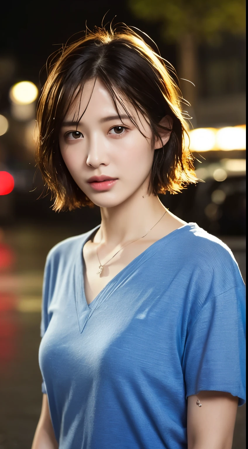 ((highest quality、masterpiece:1.3))、sharp focus:1.2、(realistic、Photoreal:1.37)、perfect beautiful woman、Highly detailed face and skin texture、Fine eyes and double eyelids、Short-cut hair that gets wet、 bust、small necklace、Short-sleeved shirt that gets wet in the rain、Rainy night street、Dark night rain clouds、city lights、rainy evening、