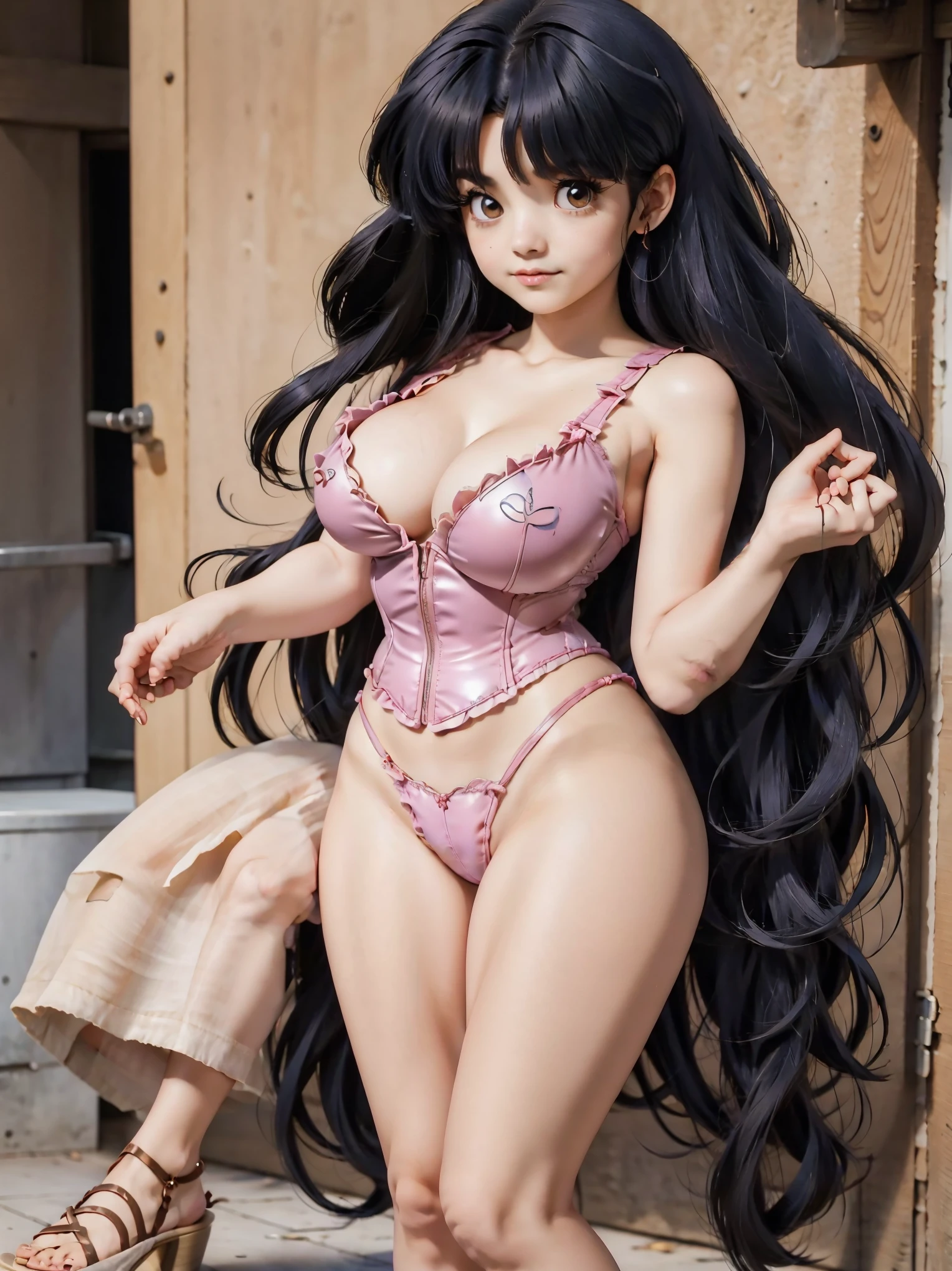 Anime girl with dark bluish hair in pink dress and a corset latex pink, , beautiful body, big breasts, with her hands on her waist, hands in her hair, Sexy girl, bluish hair, side strands of hair with a pink bow, strands of hair with a bow on the side of the face, beautiful lighting, soft shadows, brown eyes, beautiful toned legs, short hair, anime style, hand on the waist, hand in the hair, character Akane Tendo, Author Rumiko Takahashi, Based on a work by Rumiko Takahashi, Anime Ranma 1 / 2, sexy cleavage, robust hips, full body, full body, big bust, young girl with nice and beautiful body, sandals on her feet, girl 16 years youorts and corset latex pink, anime girl, anime style, beautiful feet in sandals, outdoors, big breast, beautiful breasts, black hair, sandals on feet, beautiful legs, sexy, beautiful legs, Sandals, big breasts, full body, full body, feet with sandals, big bust