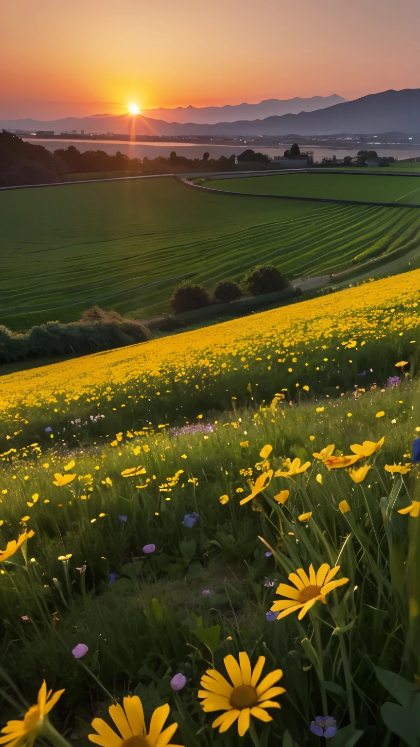 a close up of a flower field with a sunset in the background, Field with grass and flowers, Meadows with flowers, beautiful summer landscape, the brilliant dawn on the meadow, flower field, Sunny meadows, flower field background, summer meadows, summer field, 野flower field, grass background, flower field, Beautiful scenery, Natural landscape, flower field