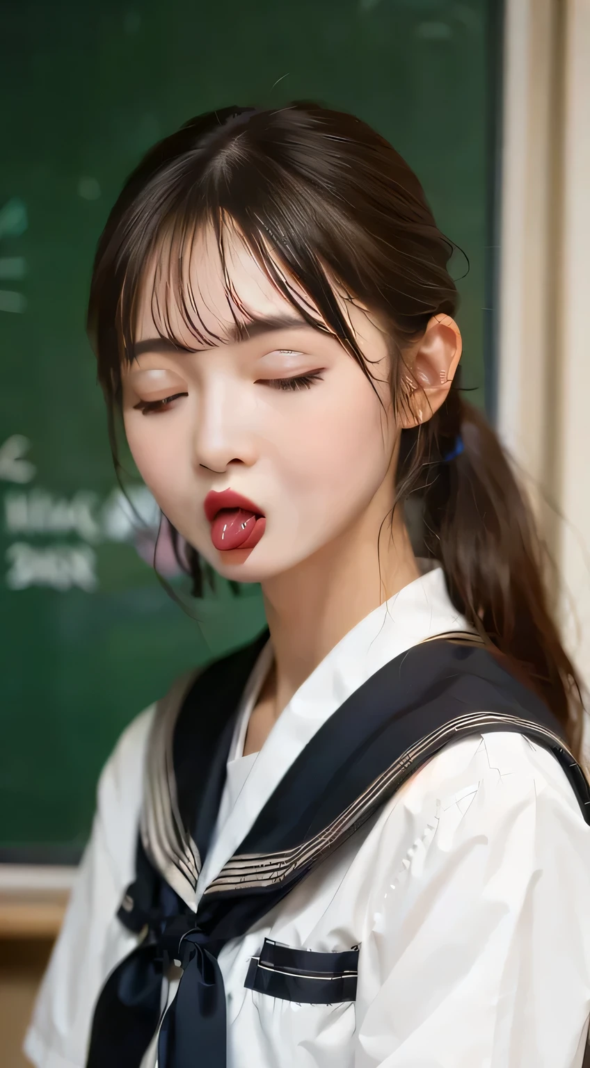 High resolution、masterpiece、(Older women)、(Brown Hair)、Ponytail、30th Generation、Eyes closed、(Japan national volleyball uniform)、(She is giving a blowjob to an erect penis)、((Erect penis squirts a lot of sperm all over my face))、Big Breasts、Sweat、