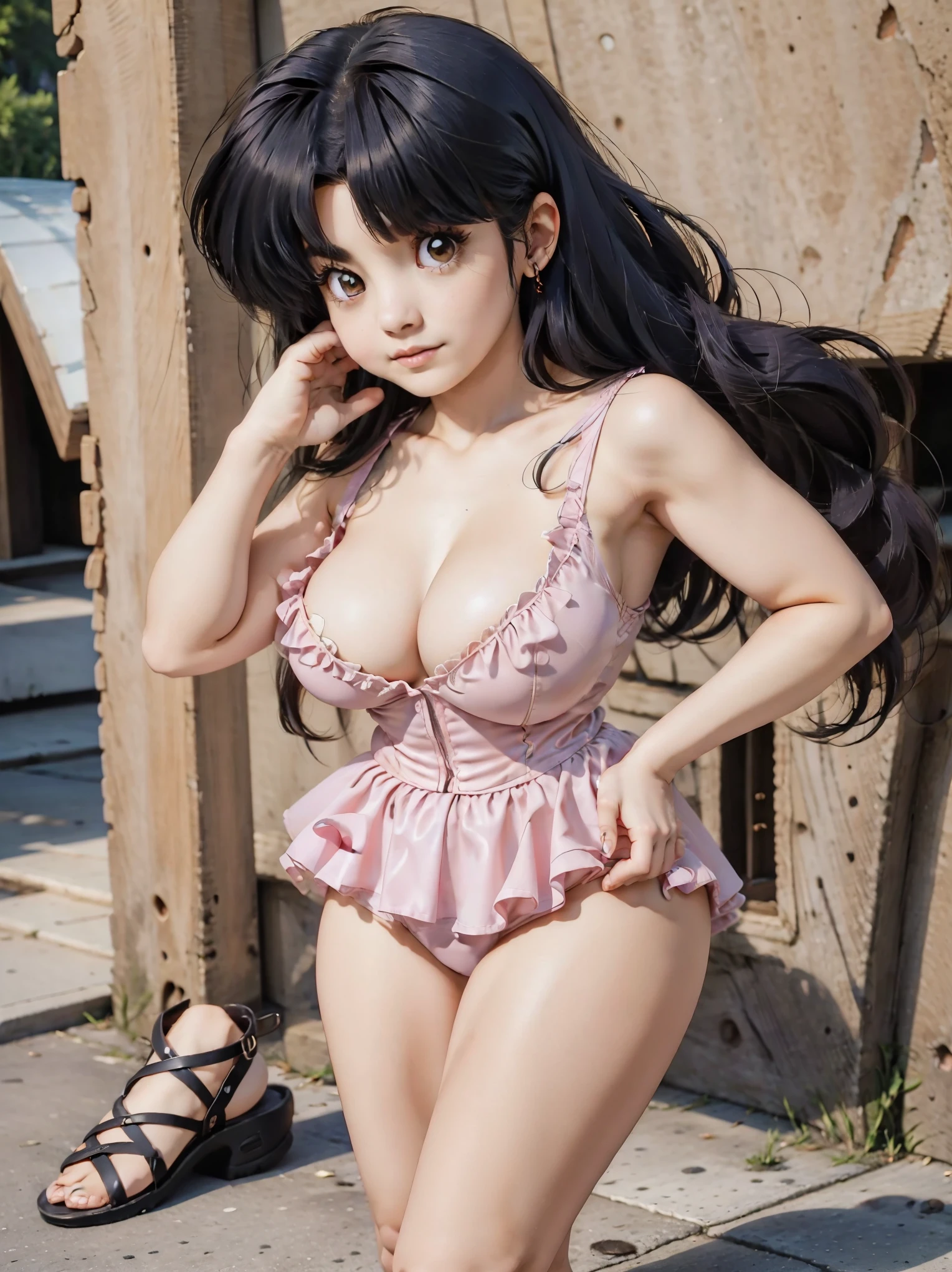 Anime girl with dark bluish hair in pink dress and a corset latex pink, , beautiful body, big breasts, with her hands on her waist, hands in her hair, Sexy girl, bluish hair, side strands of hair with a pink bow, strands of hair with a bow on the side of the face, beautiful lighting, soft shadows, brown eyes, beautiful toned legs, short hair, anime style, hand on the waist, hand in the hair, character Akane Tendo, Author Rumiko Takahashi, Based on a work by Rumiko Takahashi, Anime Ranma 1 / 2, sexy cleavage, robust hips, full body, full body, big bust, young girl with nice and beautiful body, sandals on her feet, girl 16 years young, wearing shorts and corset latex pink, anime girl, anime style, beautiful feet in sandals, outdoors, big breast, beautiful breasts, black hair, sandals on feet, beautiful legs, sexy, beautiful legs, Sandals, big breasts, full body, full body, feet with sandals, big bust