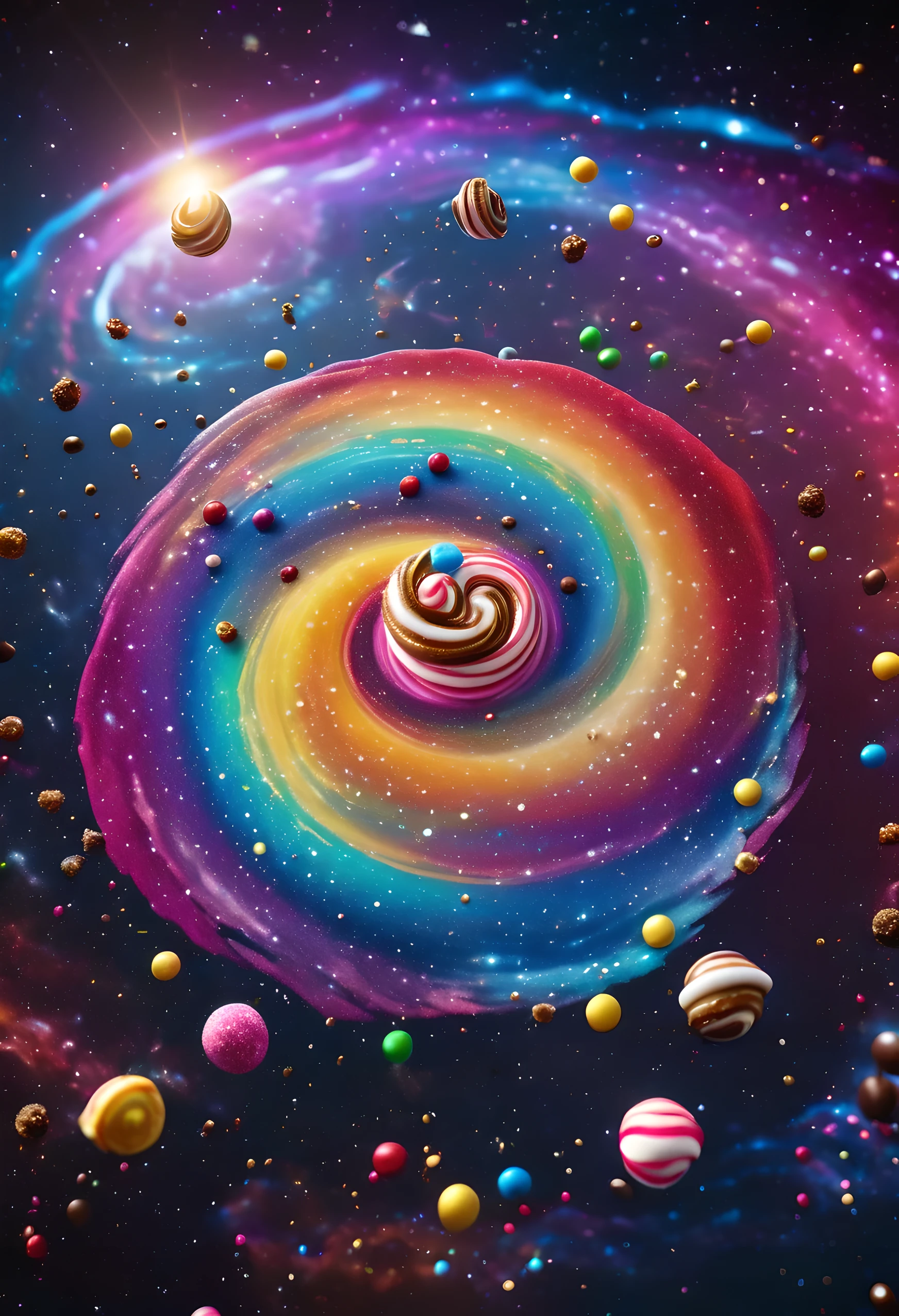 Stock image of coffee candy planets swirling in the rainbow nebula, A marriage of cosmic exploration and pastry art. The complex interplay between color and shape, Meticulously composed using Unreal Engine 5, It evokes a sense of awe and sweetness that defies the limits of imagination,