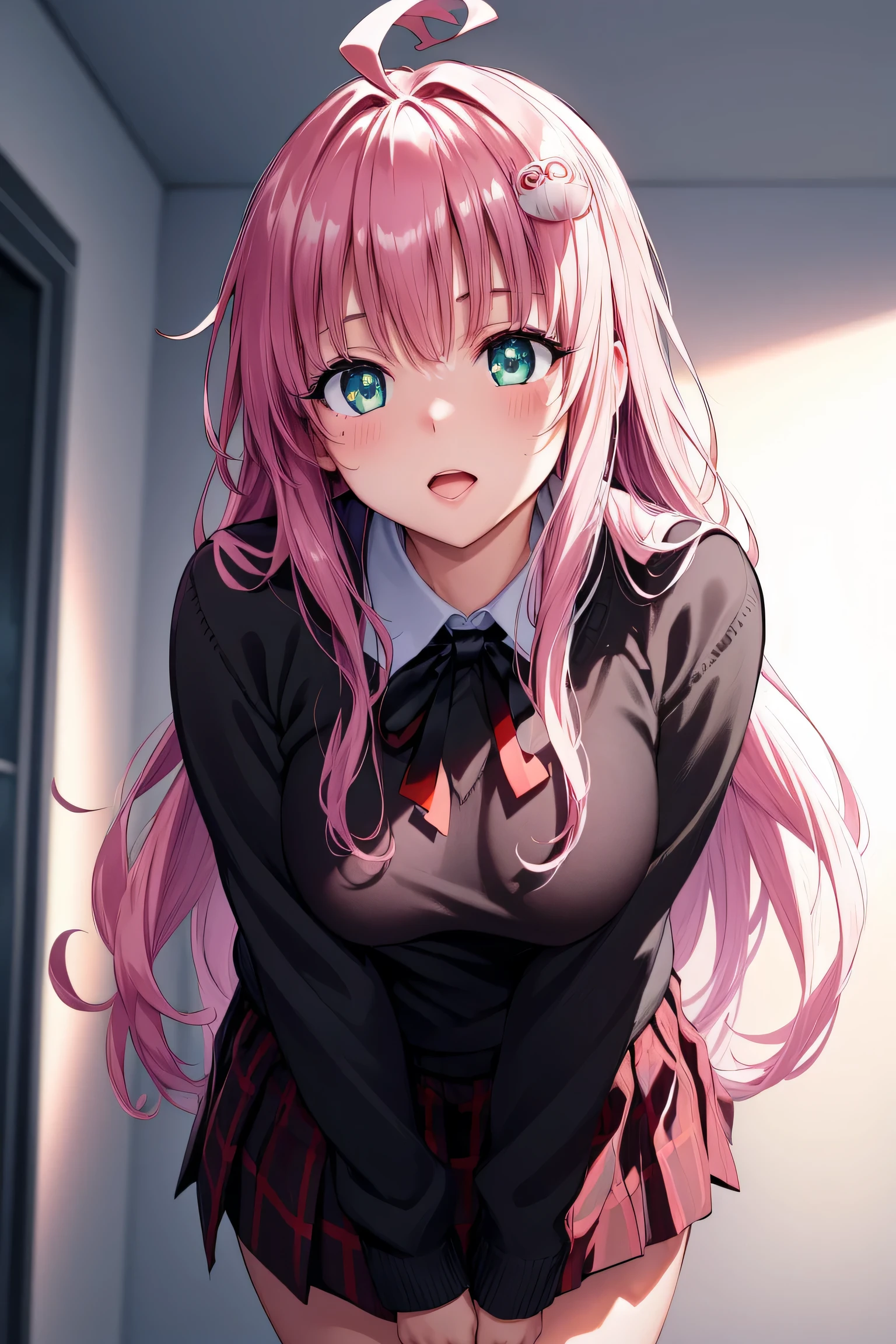 highres, aalala, long hair, ahoge, hair ornament, green eyes, breasts, 
BREAK (school uniform, black sweater, neck ribbon, black ribbon, red skirt:1.2),
BREAK NSFW, eductive facial expressions, [:(Face detail: 1.4): 0.4], (sexy pose, Position attrayante), propre), (intime),
BREAK (masterpiece:1.2), best quality, high resolution, unity 8k wallpaper, (illustration:0.8), (beautiful detailed eyes:1.6), extremely detailed face, perfect lighting, extremely detailed CG, (perfect hands, perfect anatomy),perfect face,