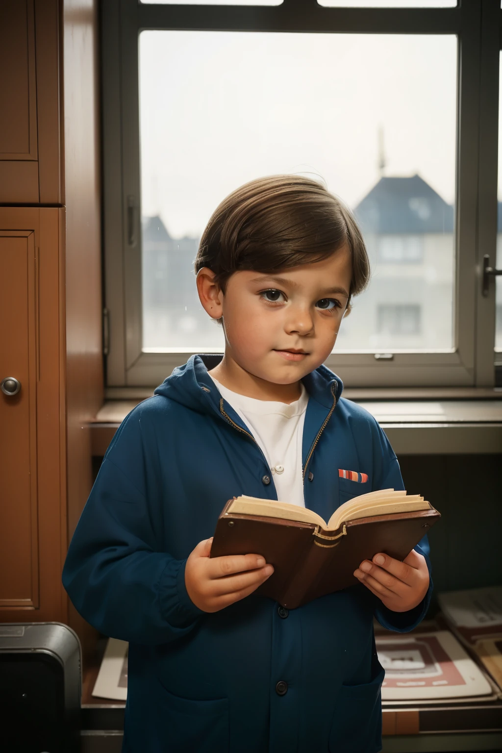 boy reading a book under the Russian flag