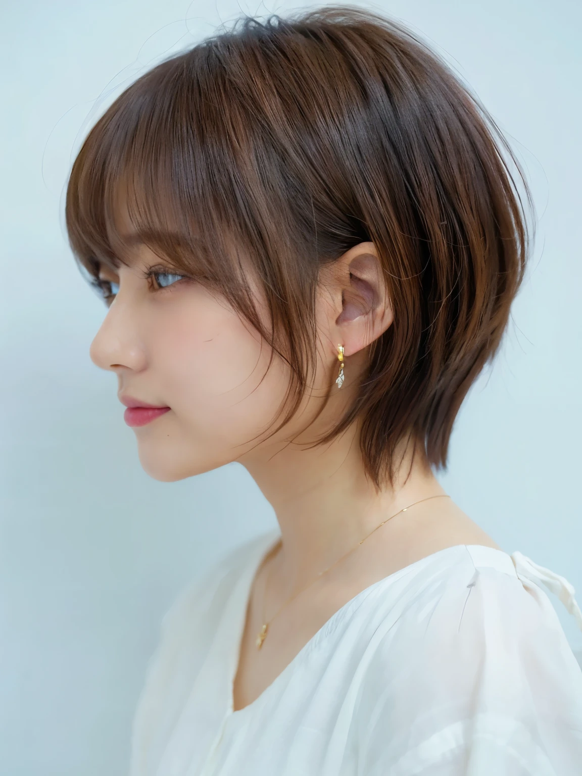 white wall、Taken in front of the white door、(窓のあるwhite wallの部屋)、(8k、Live shooting、highest quality、masterpiece:1.2)、High-definition RAW color photo、professional photos、(genuine、フォトgenuine:1.37)、Photographed in natural light、1 girl、lazy smile、(various poses)、Blake is (ombre:1.3) 、spring clothes、 necklace、(Beautiful profile:1.3)、don&#39;t look at the camera、profile、shortcut、((black hair))、short hair、Eye color is dark brown、(Beautiful profile:1.3)、correct hand of human body、look down、pastel colored blouse、丸みのあるshort hair,((earrings))