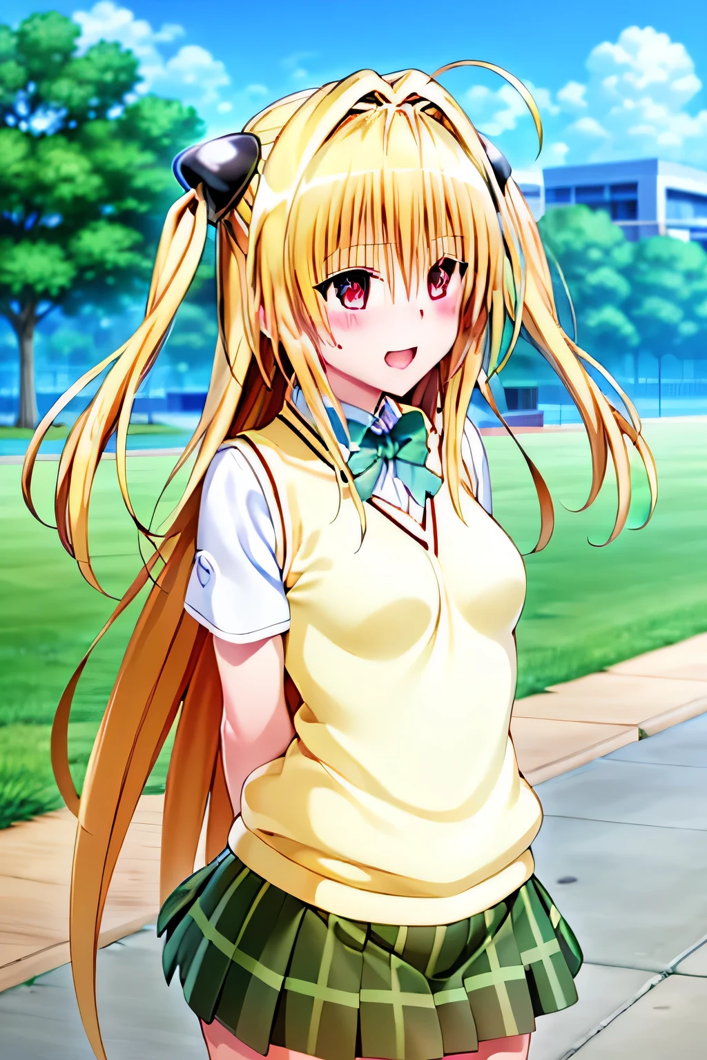 (best quality:1.1), (Meisterwerk:1.4), (absurder:1.0), highres, portrait, Nahaufnahme, 1girl, To Love Ru, aayami, very long hair, two side up, hair ornament, school uniform, green bowtie, white shirt, sweater vest, yellow vest, short sleeves, plaid skirt, green skirt, standing, cowboy shot, leaning forward, arms behind backLala Satalin Deviluke, long hair, ahoge, hair ornament, green eyes, breasts, school uniform, green bowtie, collared shirt, white shirt, sweater vest, yellow vest, short sleeves, plaid skirt, green skirt, arms behind back, leaning forward, standing, Strand, smile, open mouth, cherry blossoms, Blick auf den Betrachter, (blush:1.2)